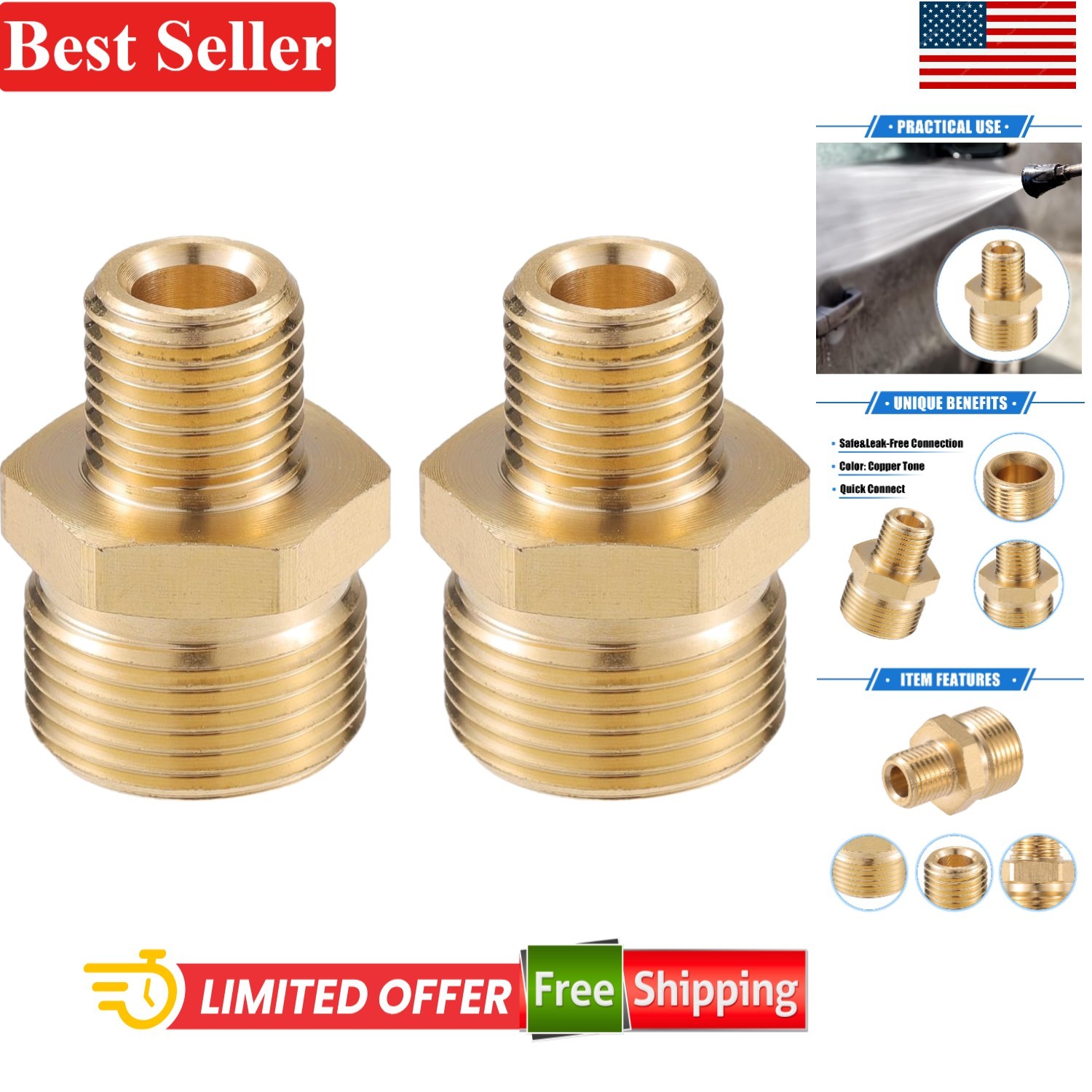 Pressure Washer Connector M14x1.5 to 14mm M22x1.5 Male Brass Adapter 1pc