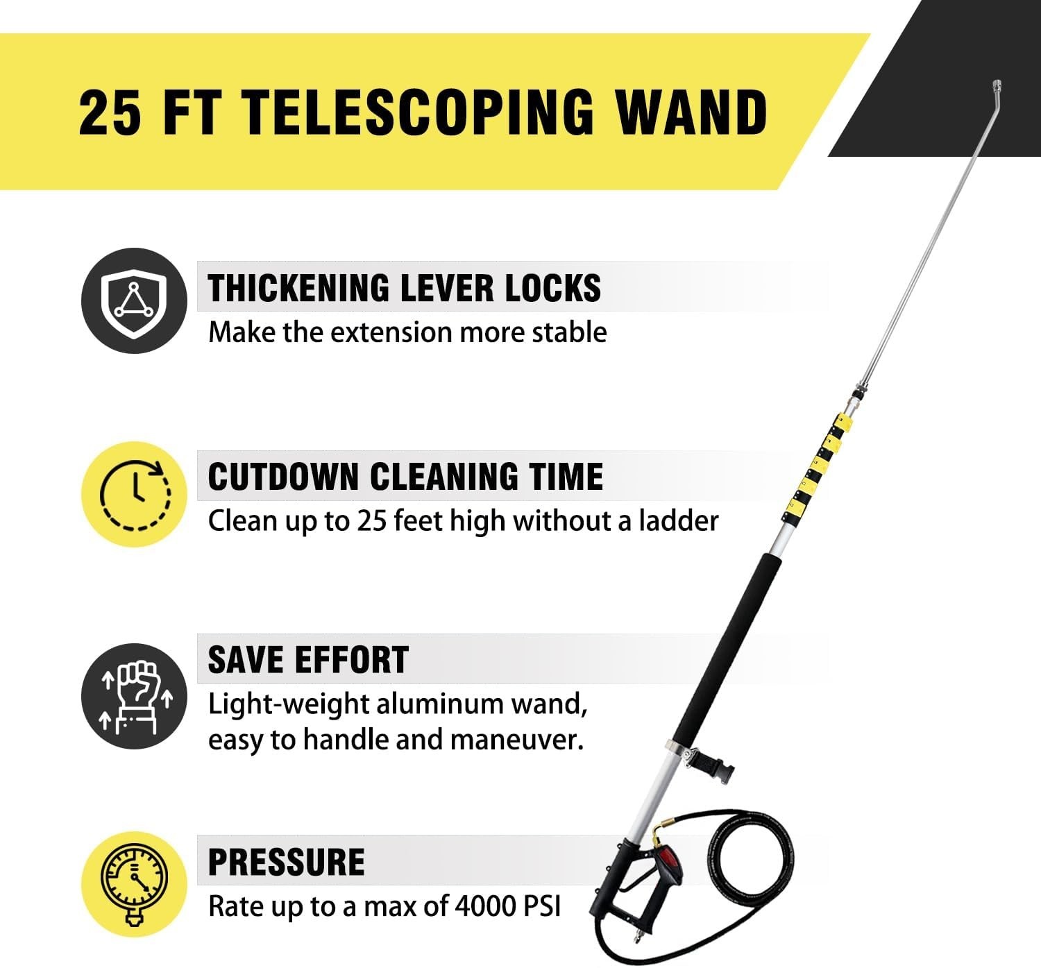 25 FT Telescoping Pressure Washer Wand with 7 Spray Nozzle Tips and Brush Head