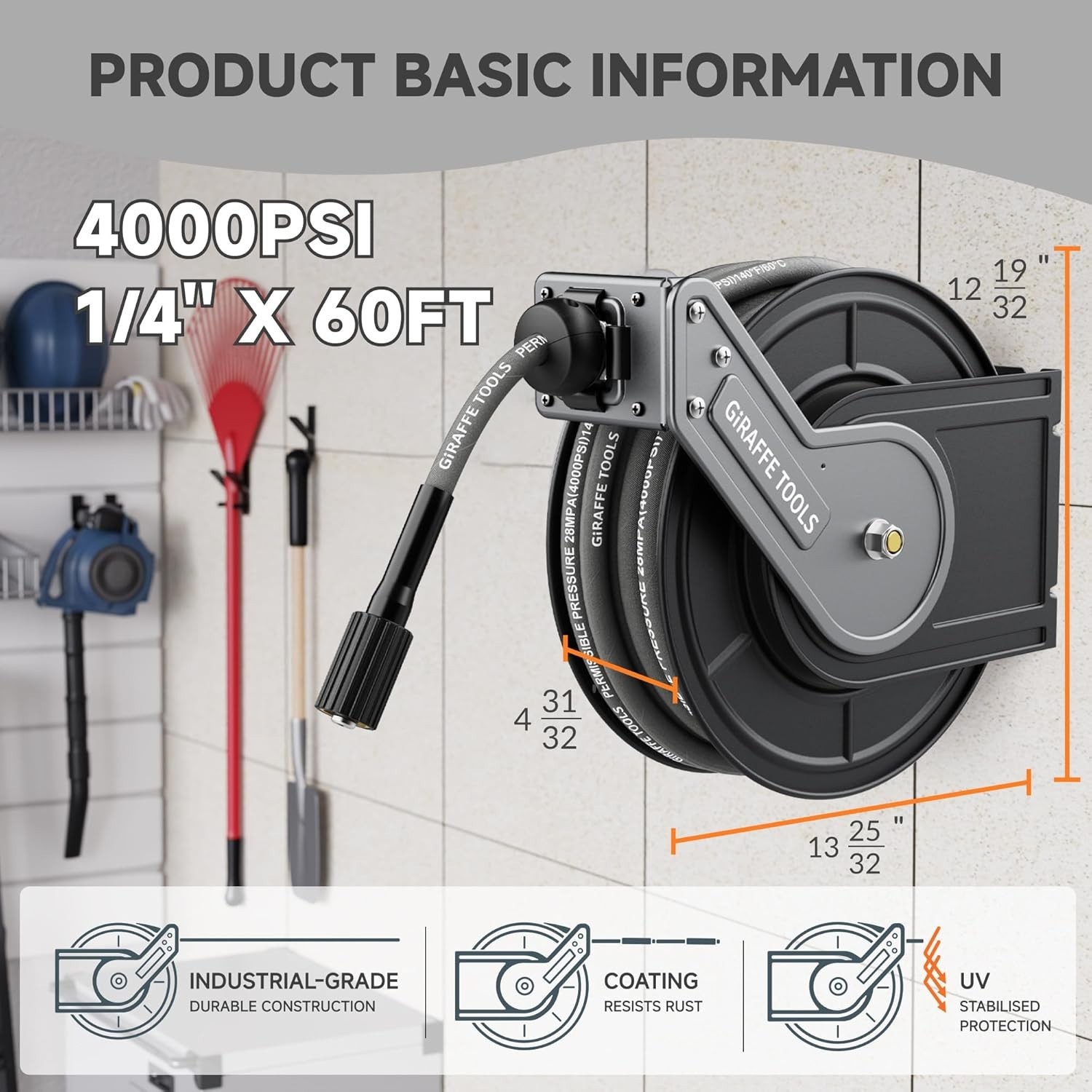 Giraffe Tools Pressure Washer Hose Reel 1/4″ x 60ft Retractable Hose, 4000 PSI