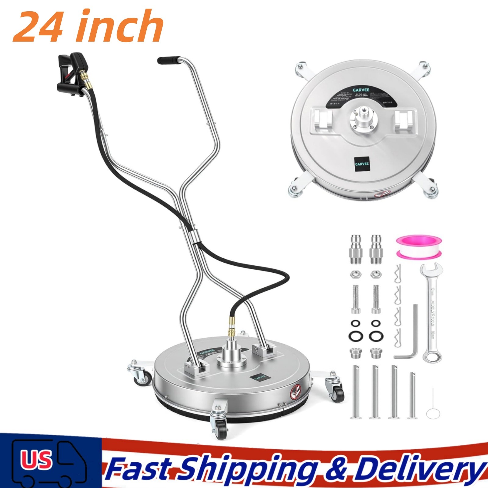 24″ Stainless Steel Pressure Washer Flat Surface Cleaner with Wheels
