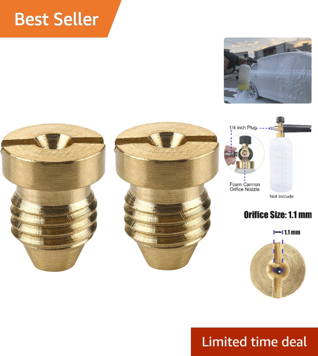 2-Pack Brass Orifice Nozzle Set for Foam Cannon, 1.1 mm, Universal Thread Tips