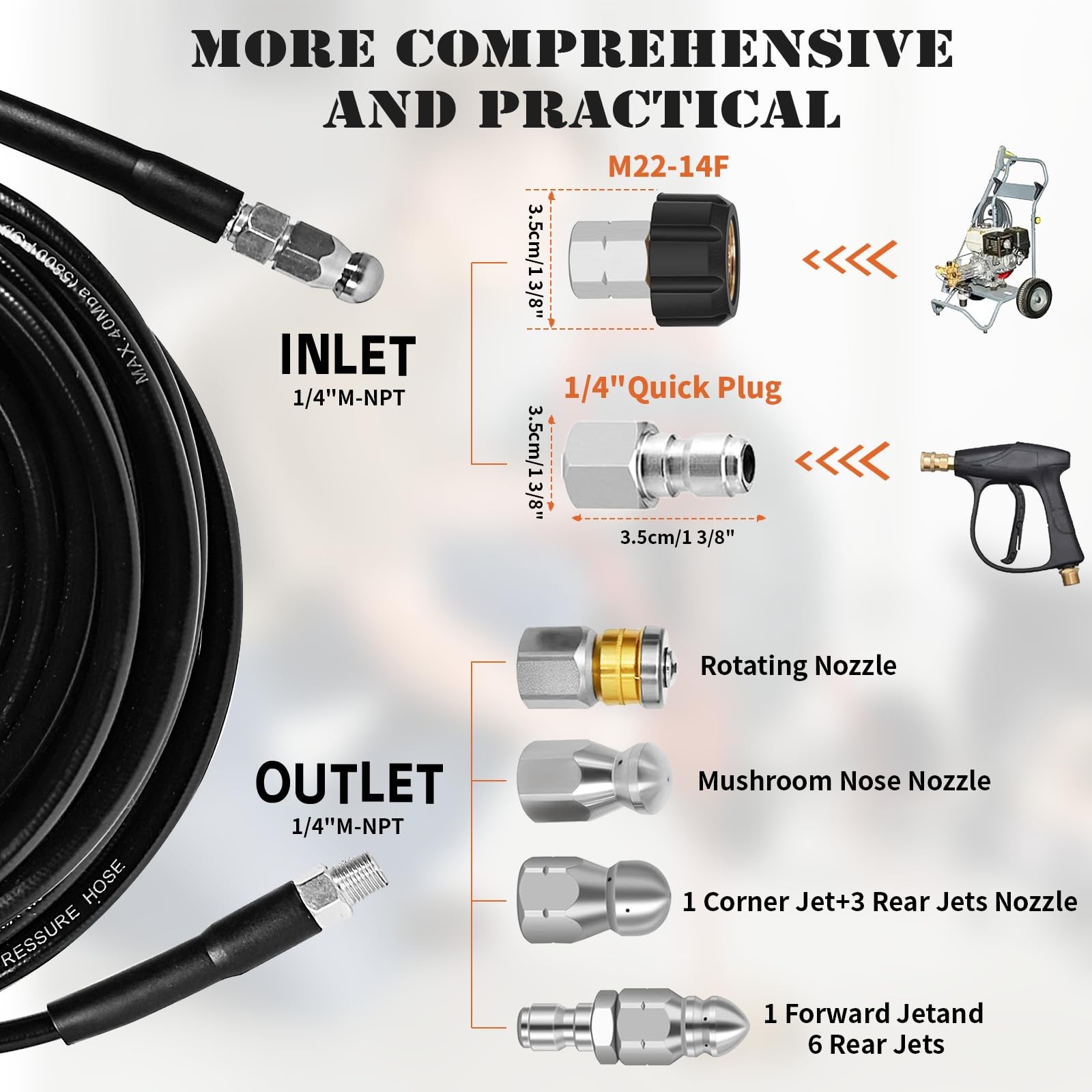 Sewer Jetter Kit 100FT 5800PSI 1/4 Inch NPT 4 Button Nose Nozzles Black