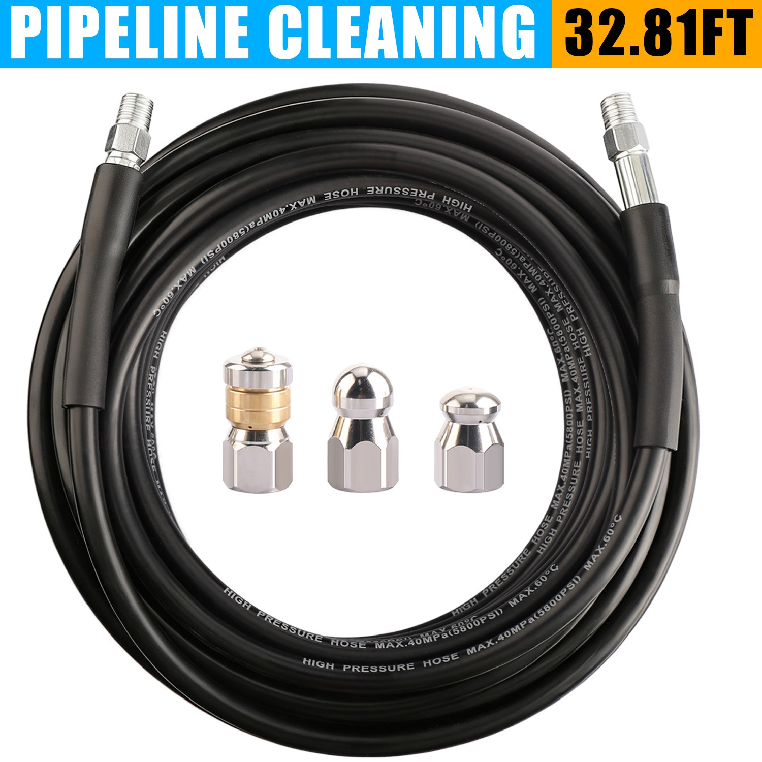 32.8FT Sewer Jetter Nozzles Kit Drain Cleaning Hose for Pressure Washer 5800PSI