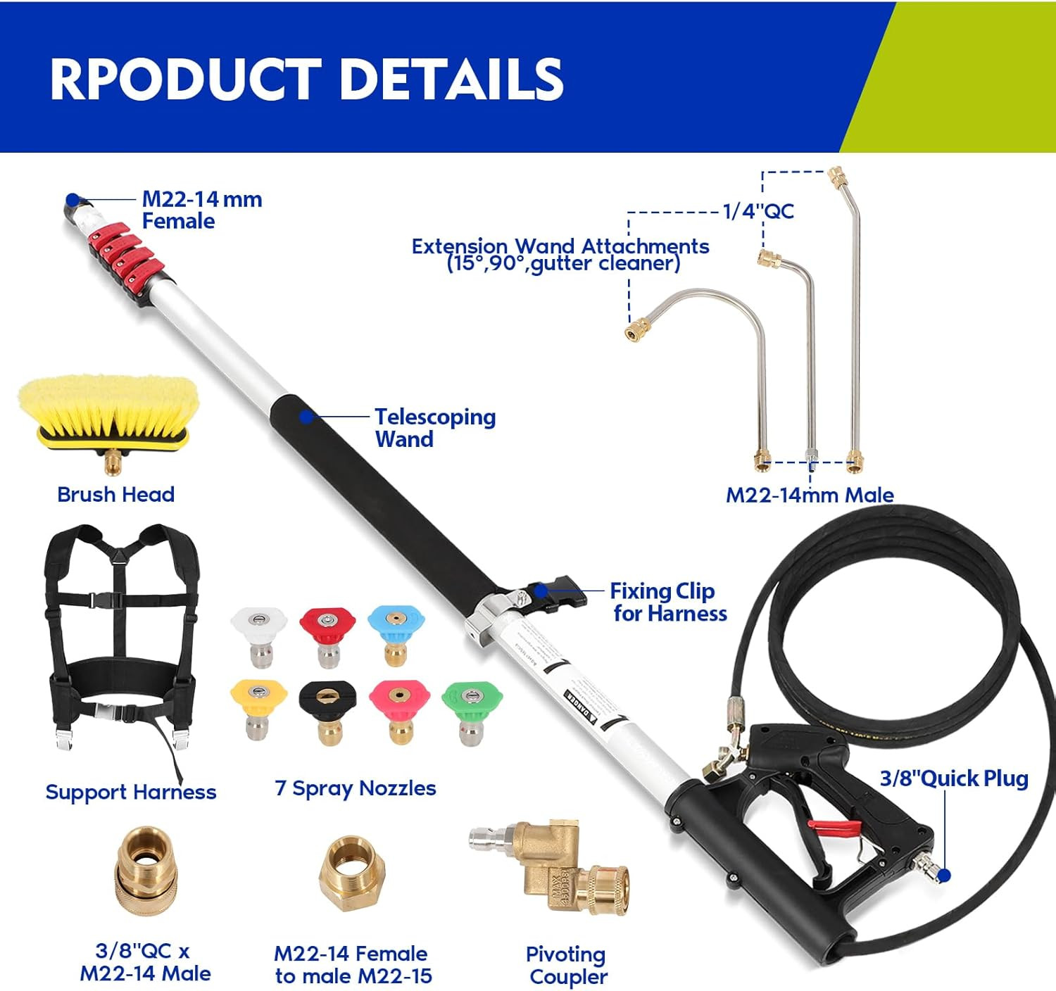 Pressure Washer Telescoping Wand 24FT, Adjustable Power Washer Extension Wand wi