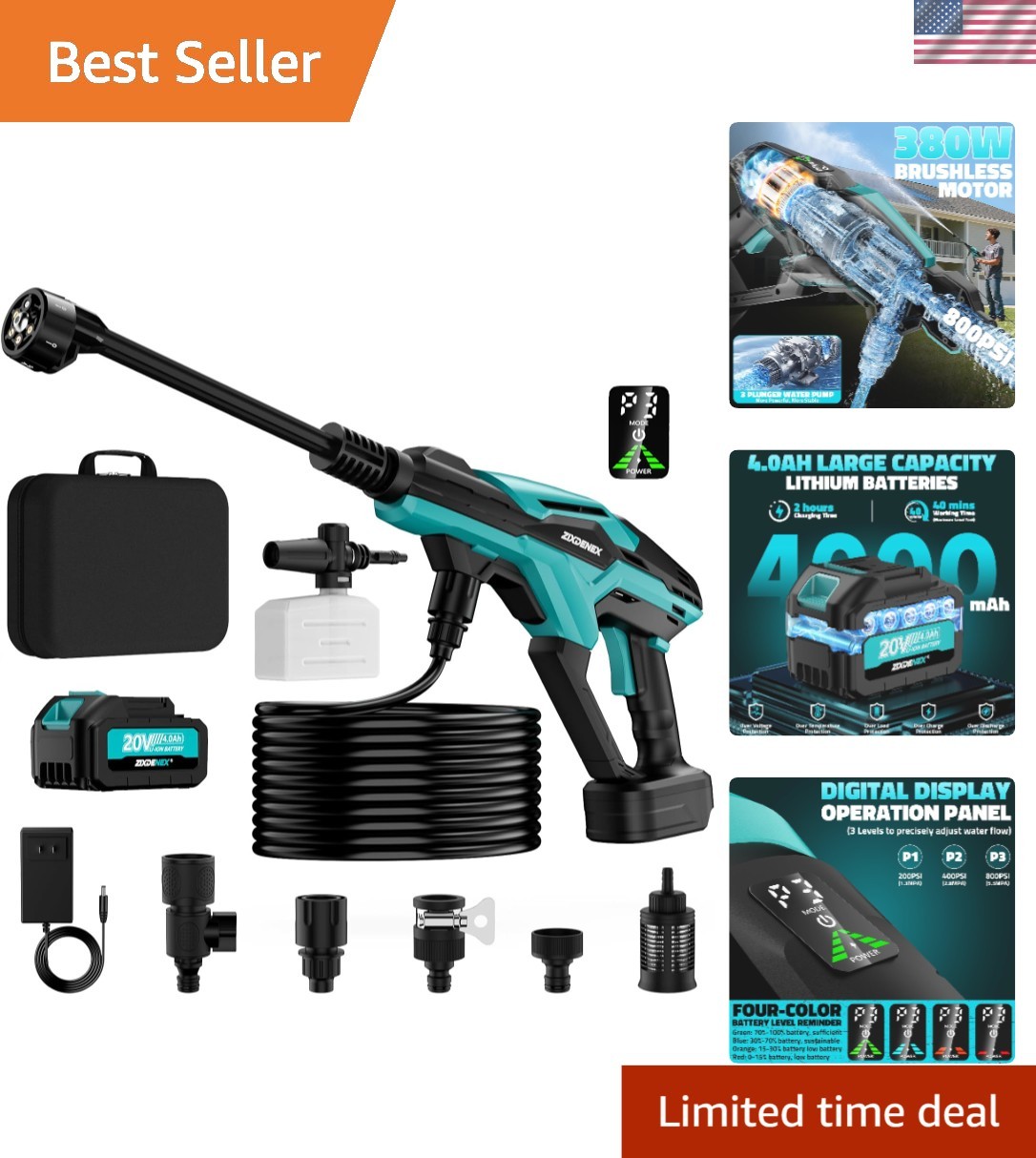 800PSI Brushless Cleaner: Cordless Tool with Adjustable Power and 6 Nozzles