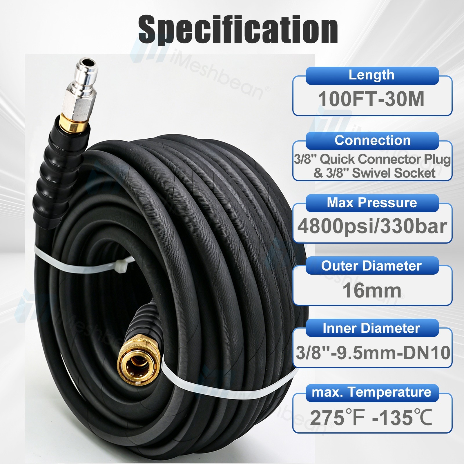 Hot Water Pressure Washer Hose 3/8″ x 100ft 4000 psi Non-Marking One Steel Braid