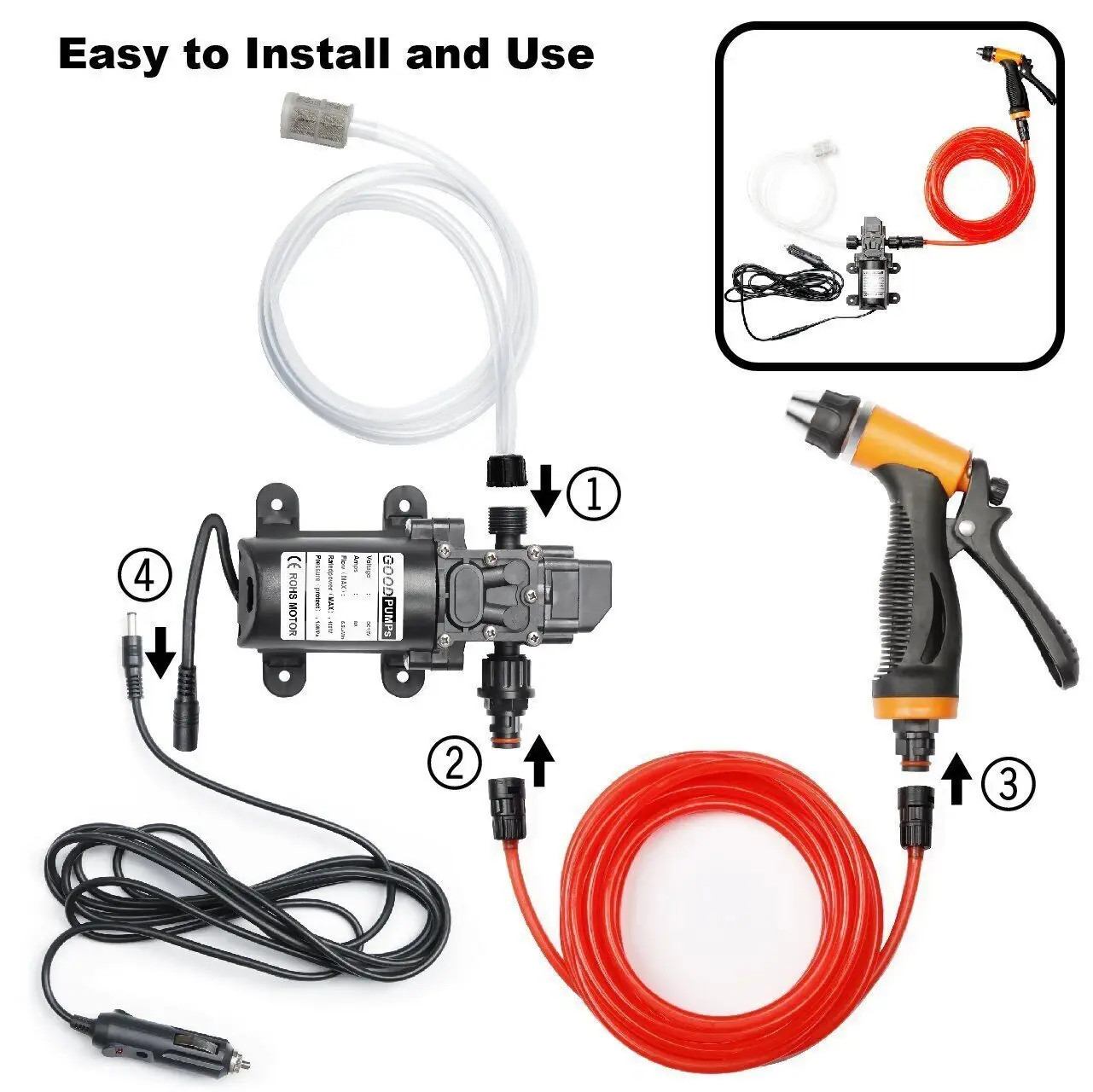 12V High Pressure Car Electric Washer Kit 130PSI Portable Self-Priming Wash Pump
