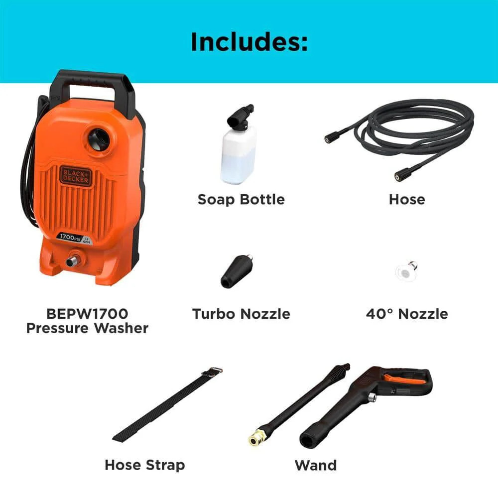 BLACK+DECKER Electric Cold Water Pressure Washer (1,700 PSI/1.2 gpm) – BEPW1700