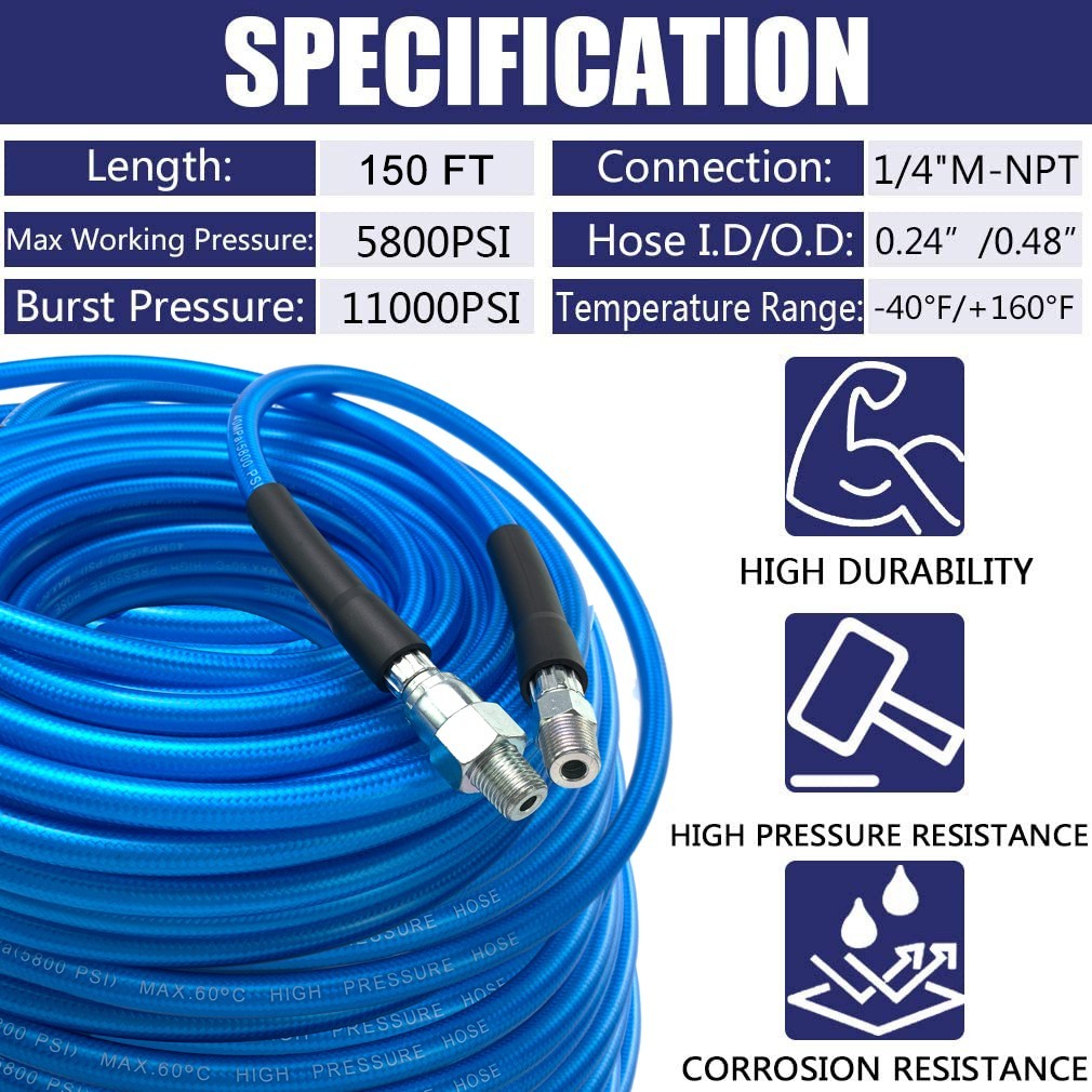 Sewer Jetter Nozzle Kit 1/4″ NPT 150FT Drain Cleaning Hose For Pressure Washer