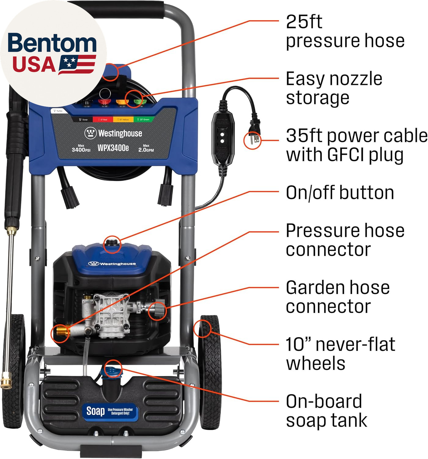 Wpx3400E Electric Pressure Washer, 3400 Max PSI and 2.0 Max GPM, Brushless Motor
