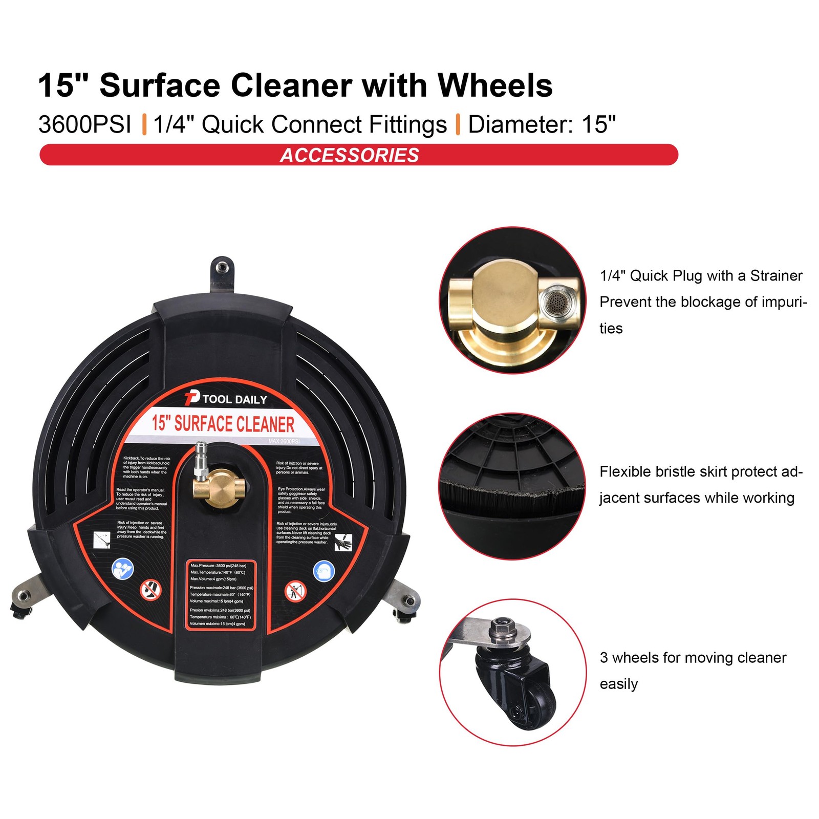 15 Inch Pressure Washer Surface Cleaner With 3 Wheels 2 Extension Wands Surface