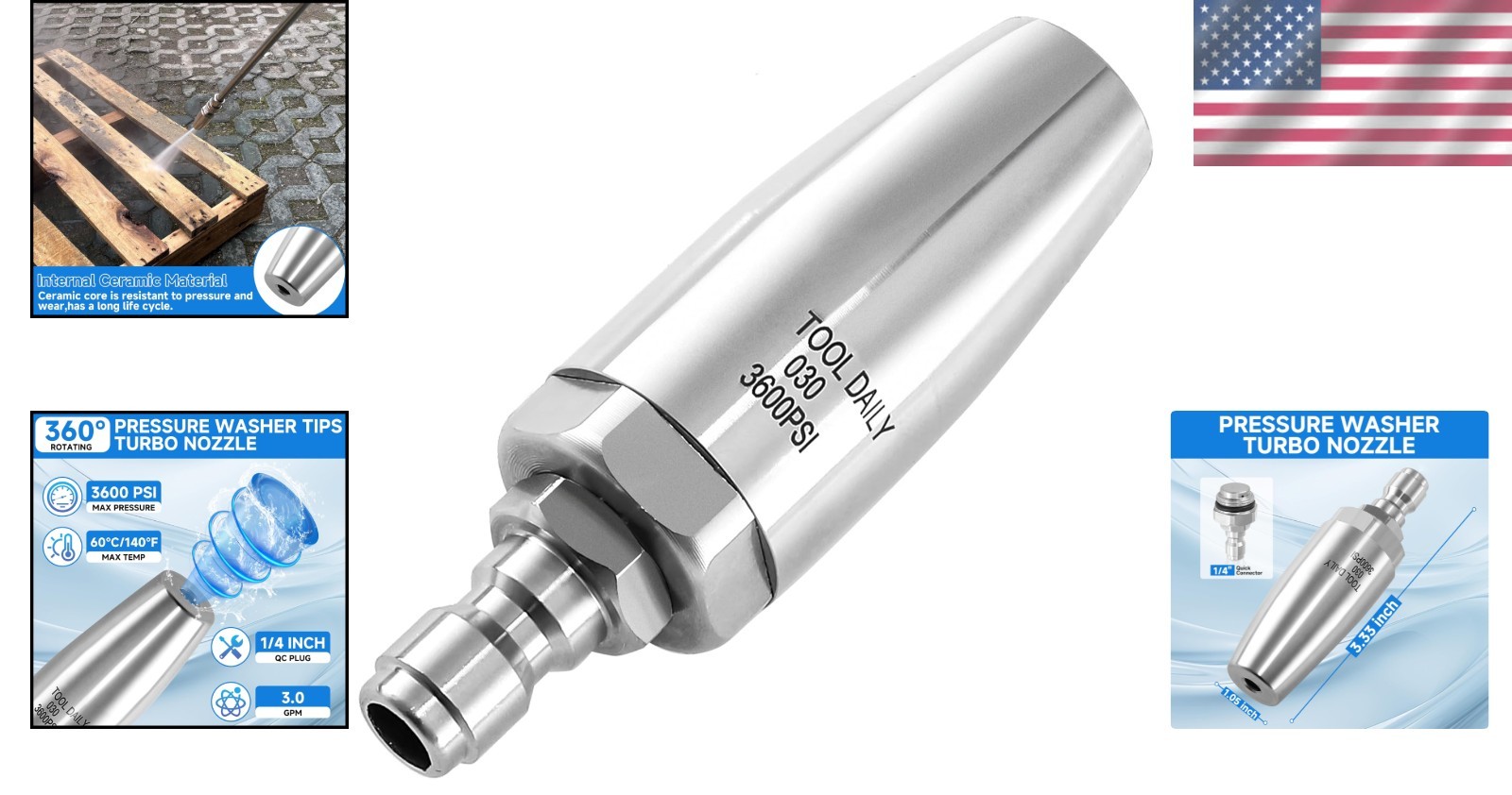 Stainless Steel Turbo Nozzle for Pressure Washer – 360° Rotation, 3600 PSI