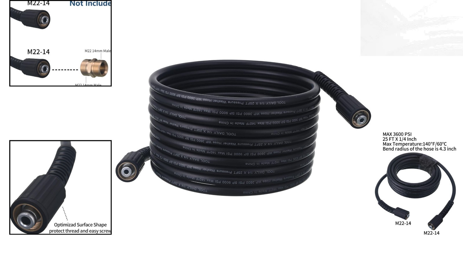 Durable 25 FT High Pressure Washer Hose, 3600 PSI, Fits Most Brands – M22 14mm