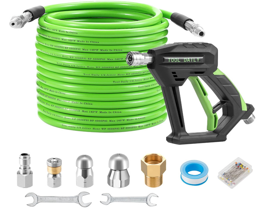 Herramienta para Desatascar Tuberías con Manguera 50FT y Boquillas NPT. Nuevo