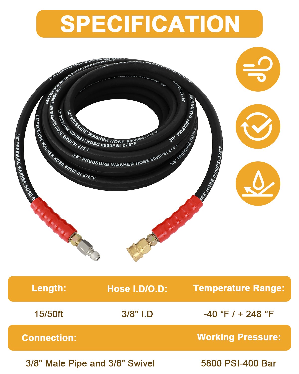 6000 PSI Pressure Washer Hose 3/8″ x 50ft / 100ft Non-Marking R2 Rating 2 Wire