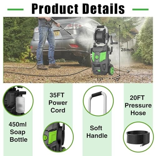 DECOKTOOL ELECTRIC PRESSURE WASHER 4 DIFFERENT NOZZLES SOAP CANNON – GREEN