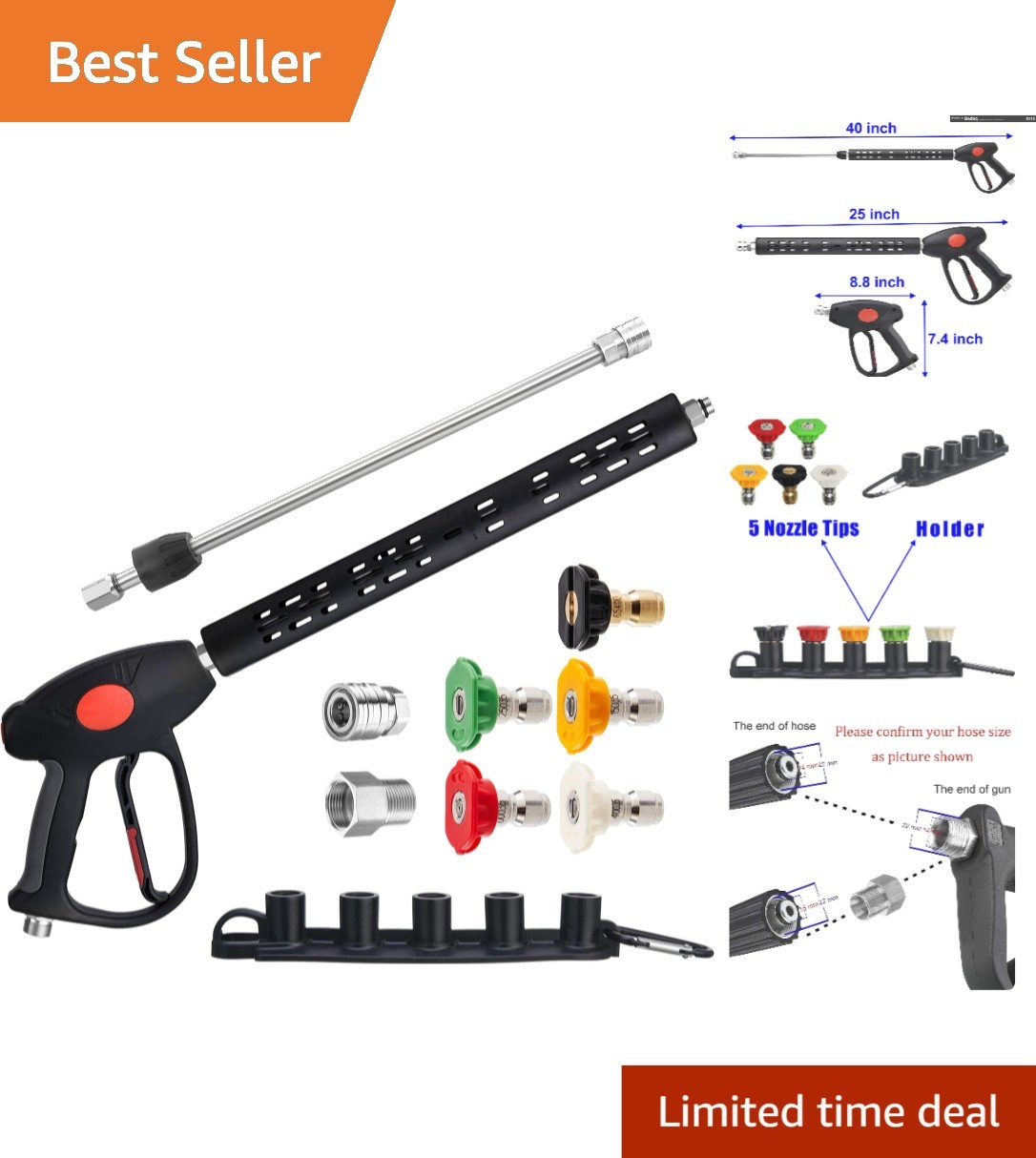 Effortless Cleaning: 40-Inch Pressure Washer Gun with Extension Wand & 5 Nozzles