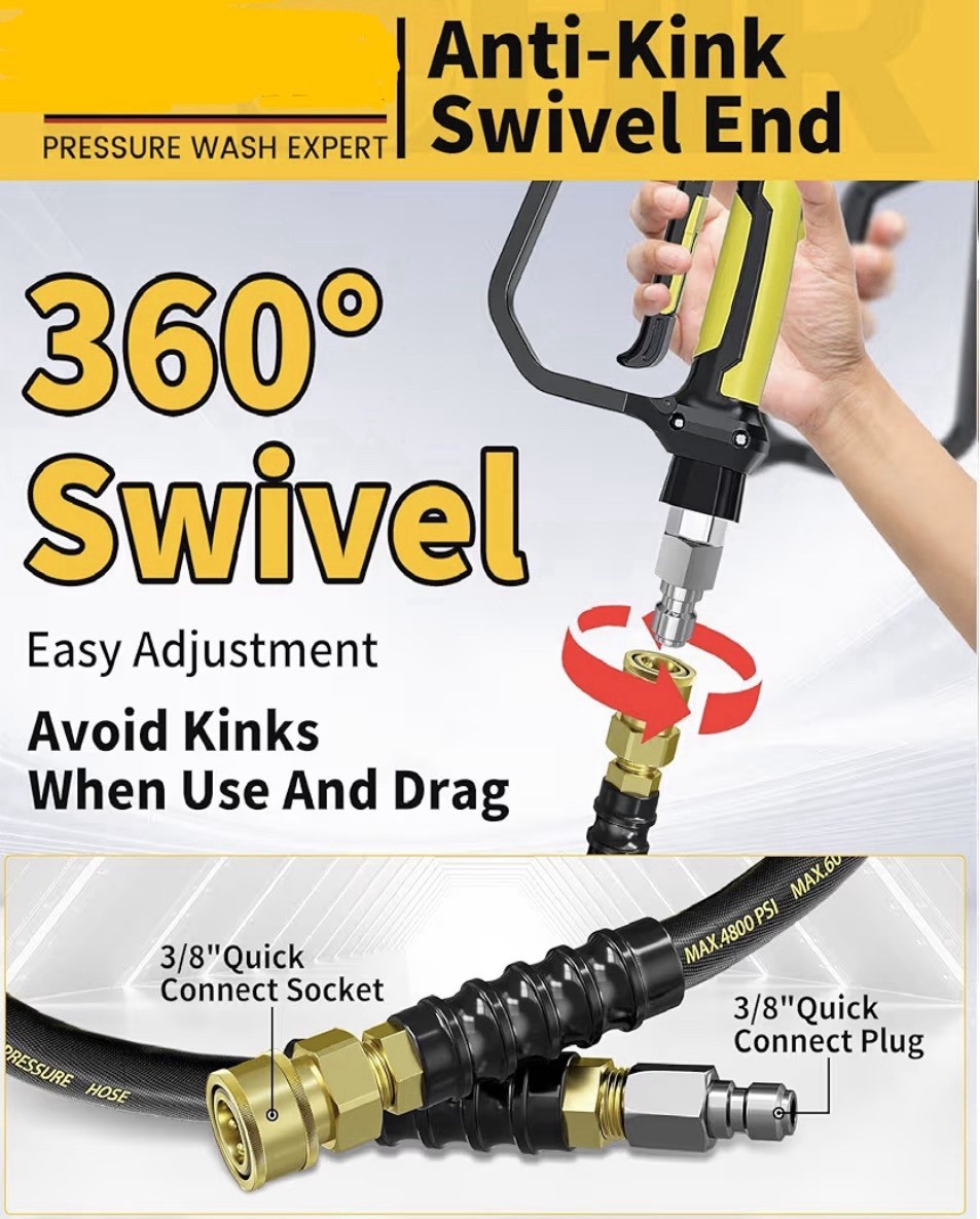 50FT 3/8″ 4800PSI Pressure Washer Hose W/ Swivel Quick Connect Steel Wire Braid