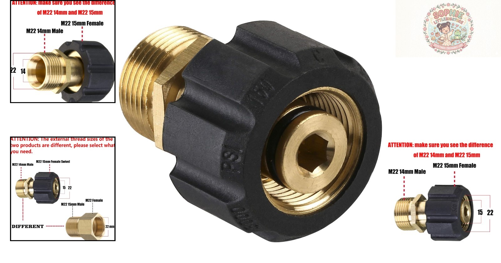 Quick Connect M22 Adapter, Metric 15mm to 14mm for Pressure Washers, 4500 PSI