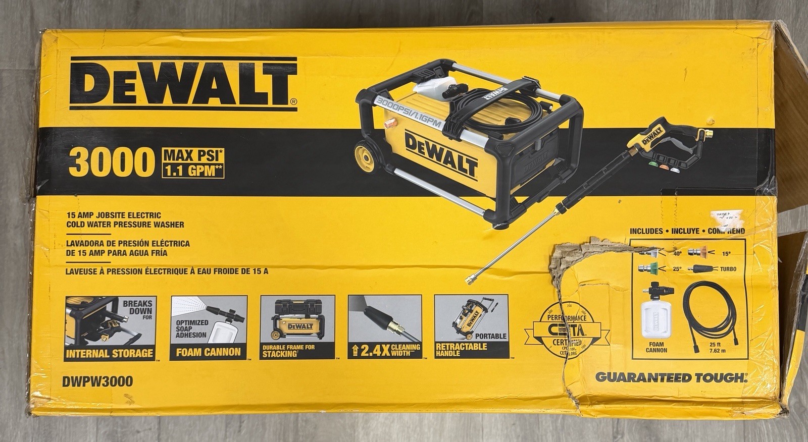 DEWALT DWPW3000 JOB SITE NON WORKING PRESSURE WASHER 15AMP MAX PSI 1.1 GPM