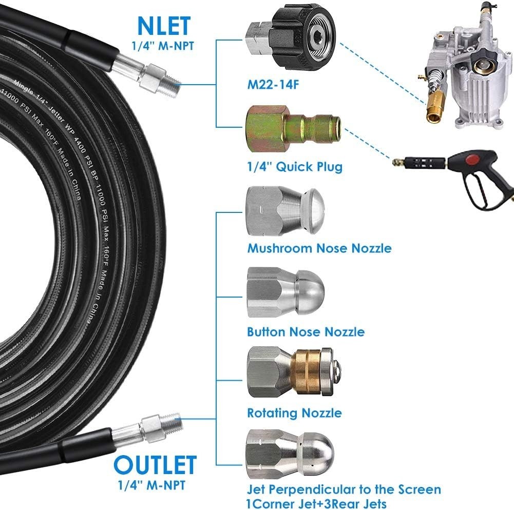 Sewer Jetter Kit for Pressure Washer 150FT, 5800PSI Drain Cleaner Hose 1/4 In…