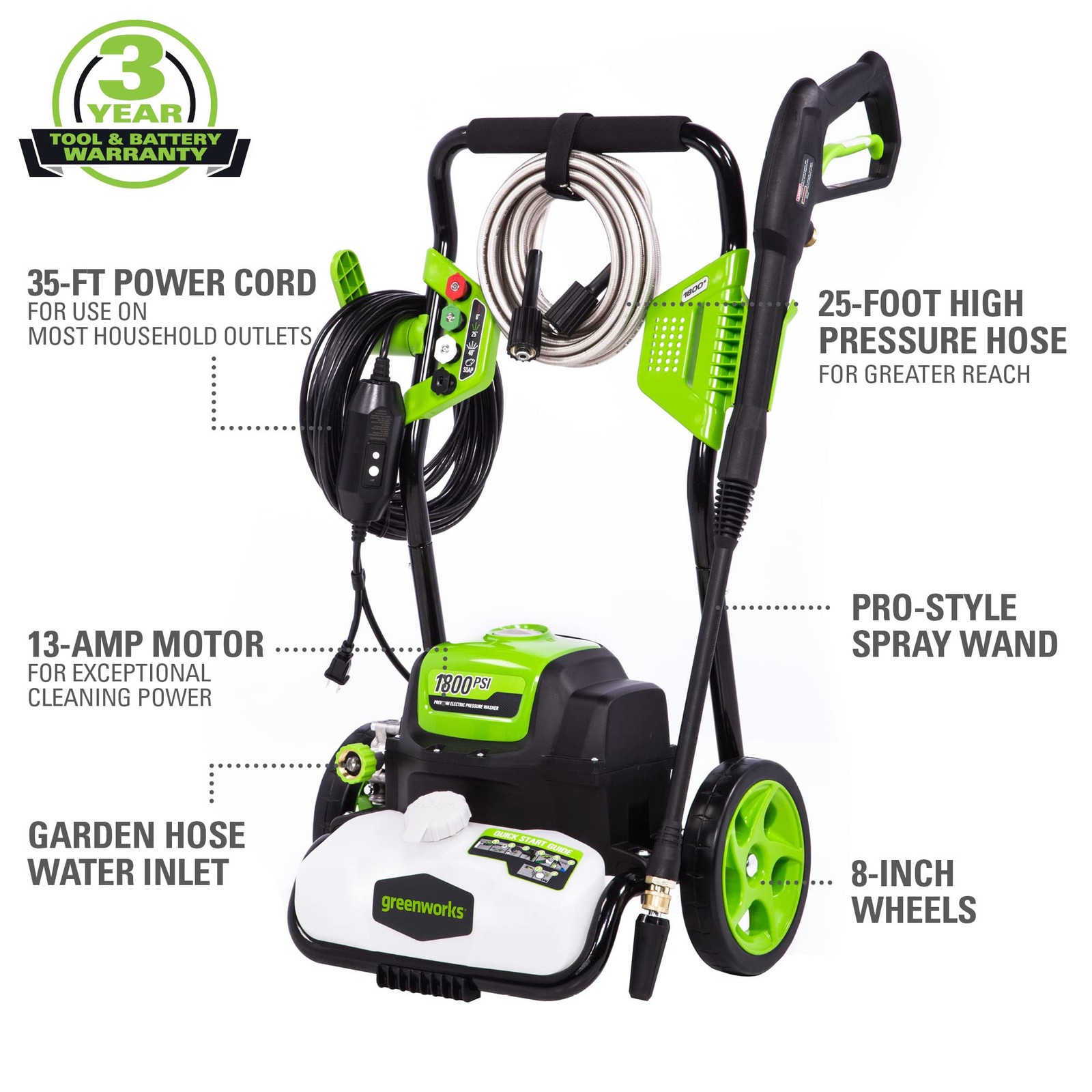 Greenworks 1800 PSI 1.2 GPM Pressure Washer Open Frame PWMA Certified