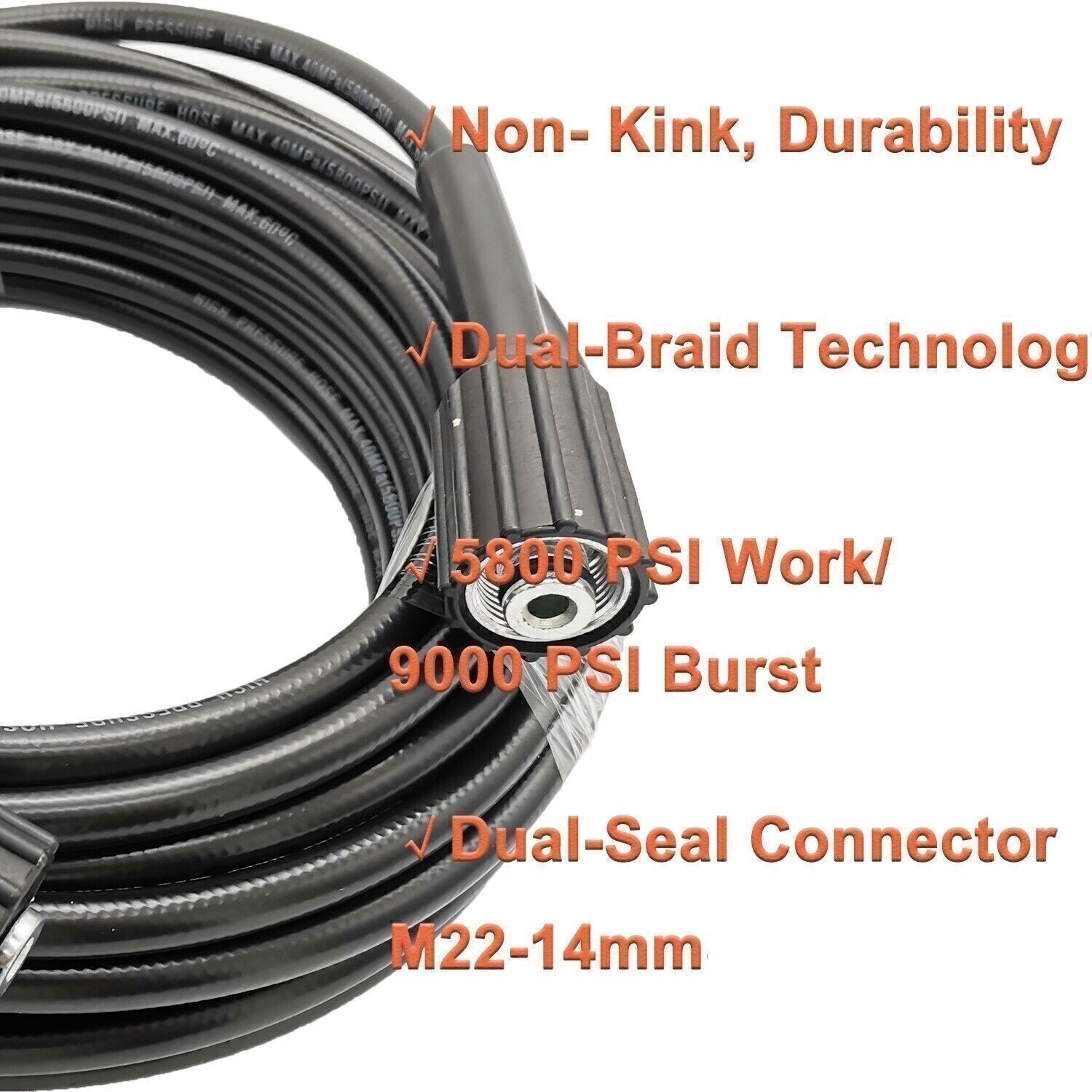 26FT 5800PSI High Pressure Washer Hose M22-14mm Power Washer Extension Hose New