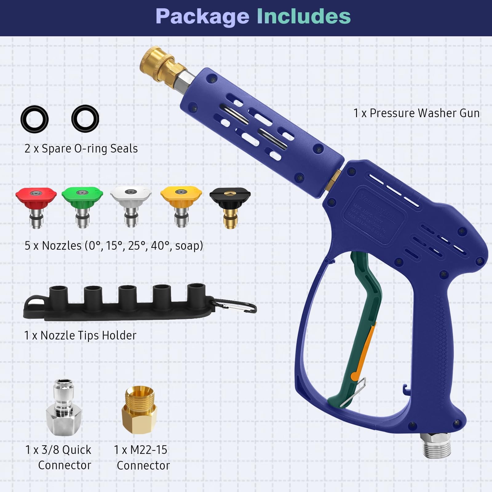 High Pressure Washer Gun 3/8″ Quick Connect M22 5 Nozzles 5000PSI 8 GPM