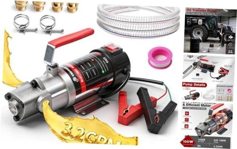 24V Heavy-Duty Gear Pump 3.2 GPM Oil Change Pump with Oil Pump + Hose
