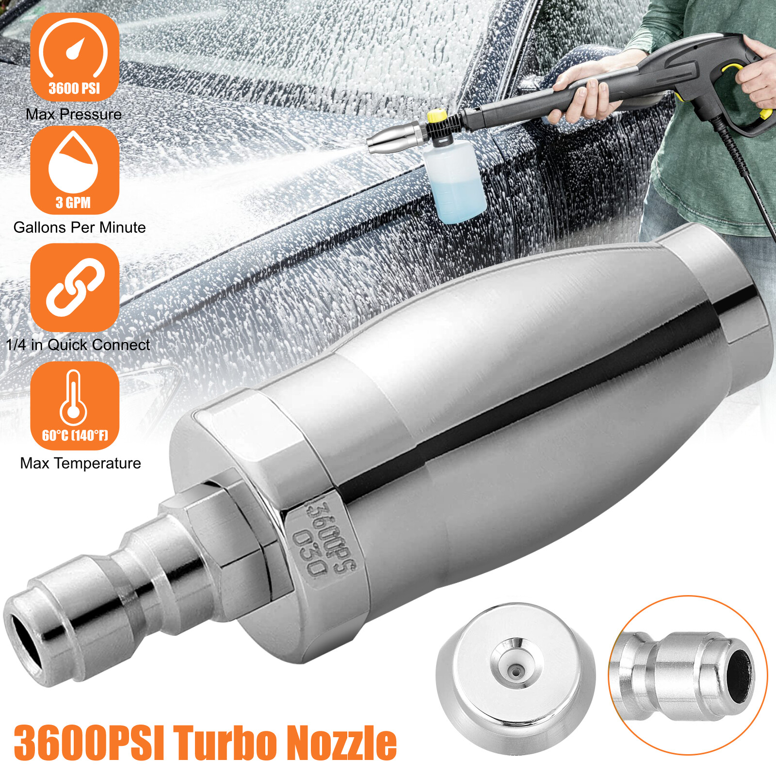 3600PSI Pressure Washer Turbo Rotating 3.0 GPM Nozzle w/1/4 Inch Quick Connect