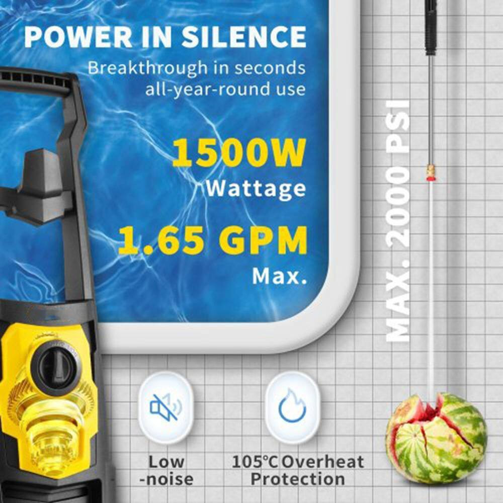 Electric Power Washer 2000 PSI and 1.65 GPM W/ 30Ft Hose, 5 Nozzles, Foam Cannon