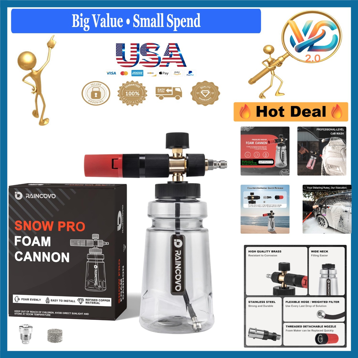 Black Stainless Steel Foam Cannon for Pressure Washer 1/4″ Quick Connect