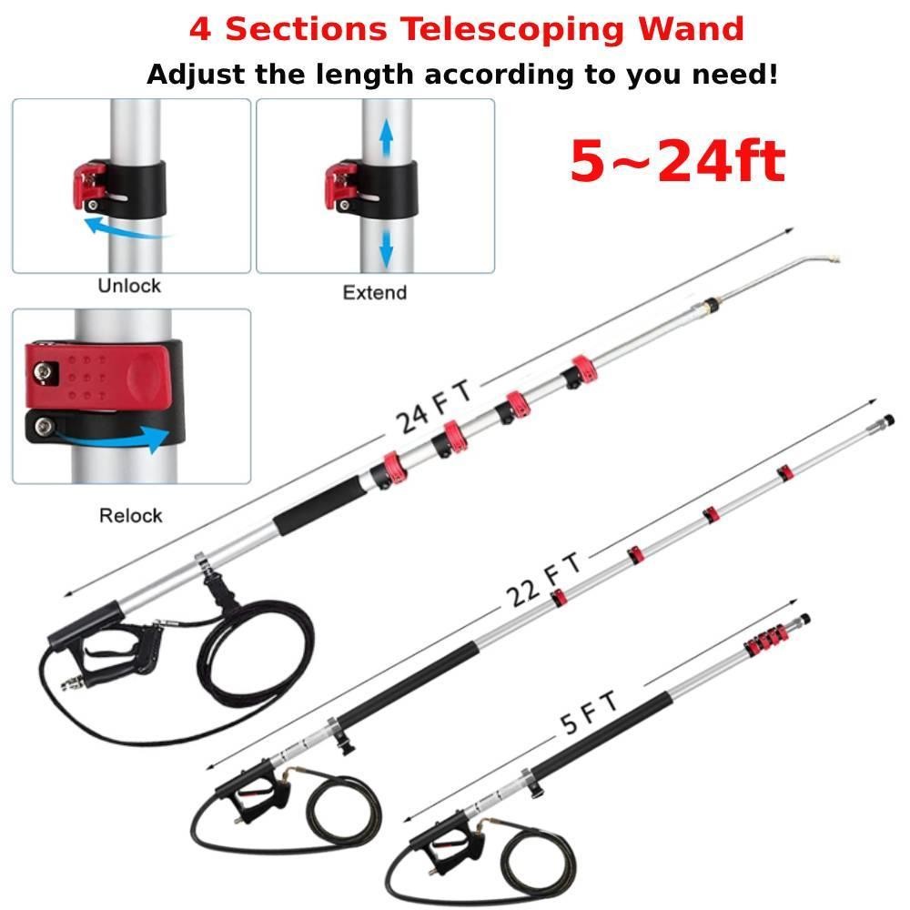 24 FT Pressure Washer Telescoping Wand with 5 Spray Nozzle for Roof Fence Window