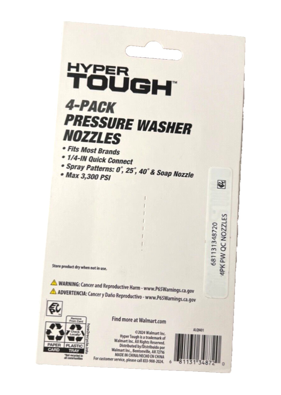 HYPER TOUGH 4-PACK PRESSURE WASHER NOZZLES, QUICK CONNECT, NEW, ALQN01