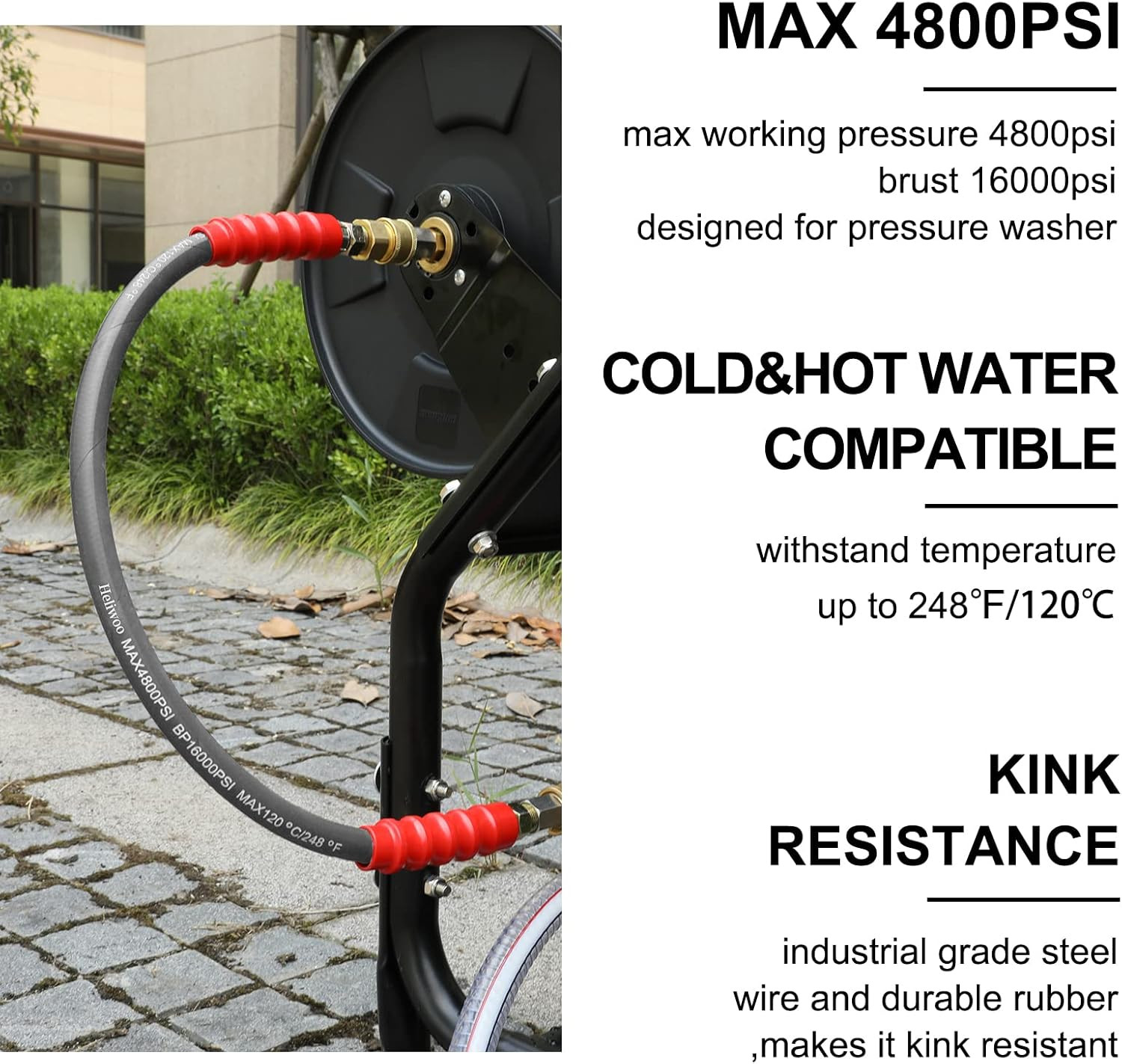 Pressure Washer Whip Hose 5FT, 3/8” Reel Connector for Power Washer, 248°F Hot