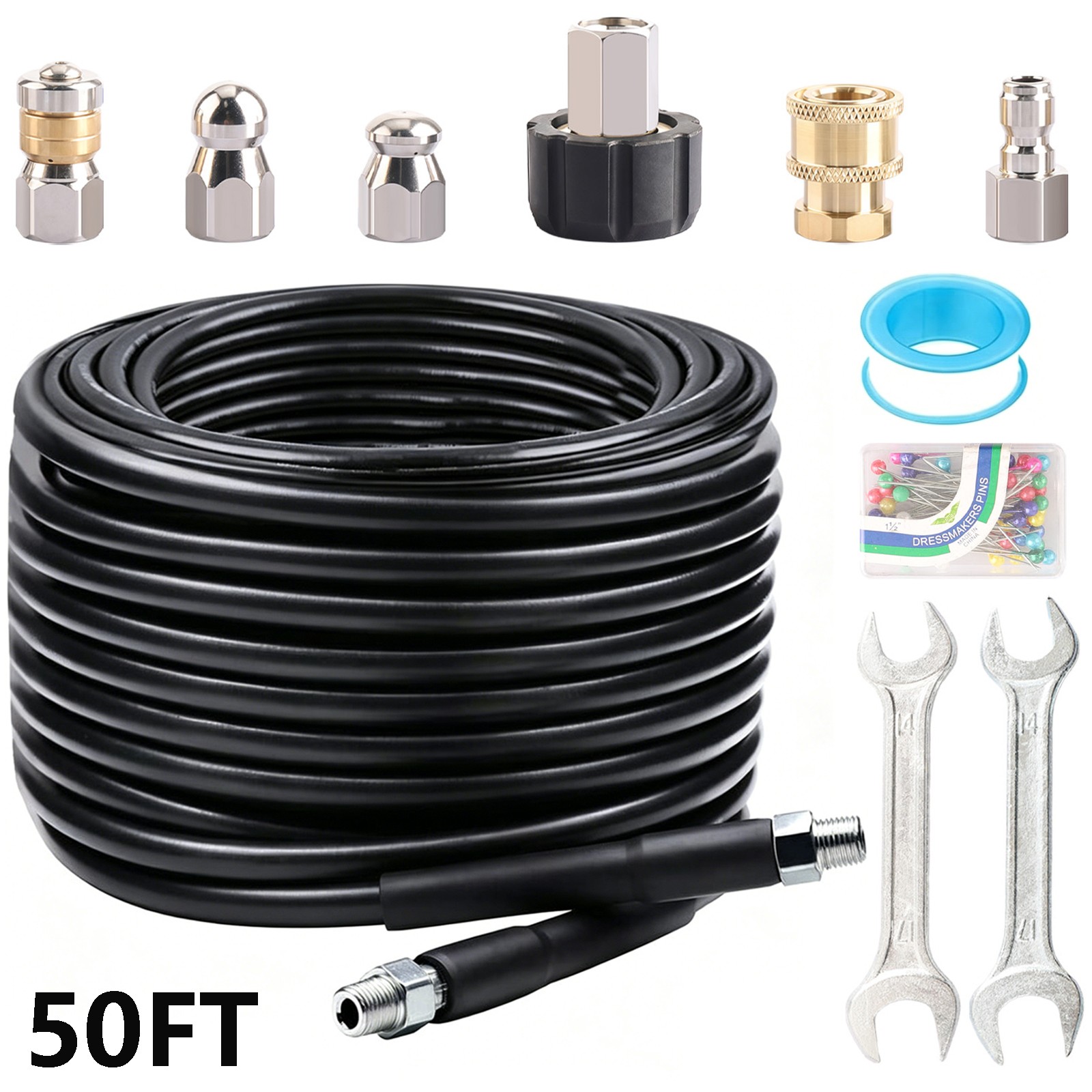 50FT 5800PSI Sewer Jetter Nozzles Kit Drain Cleaning Hose for Pressure Washer US