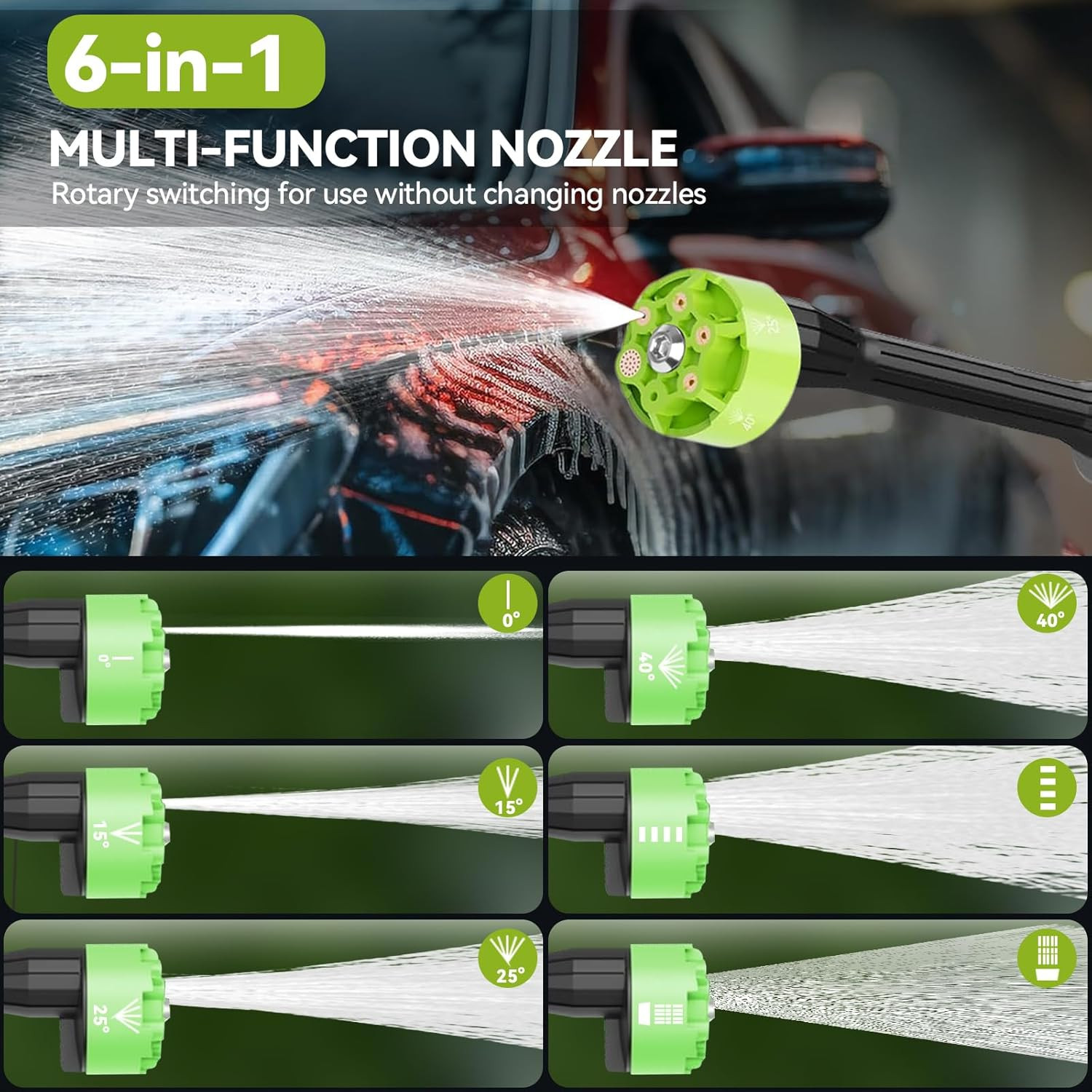 Portable Car Washer Accessories,6-In-1 Nozzle,33Ft Hose for Car, Patio, Fence, G