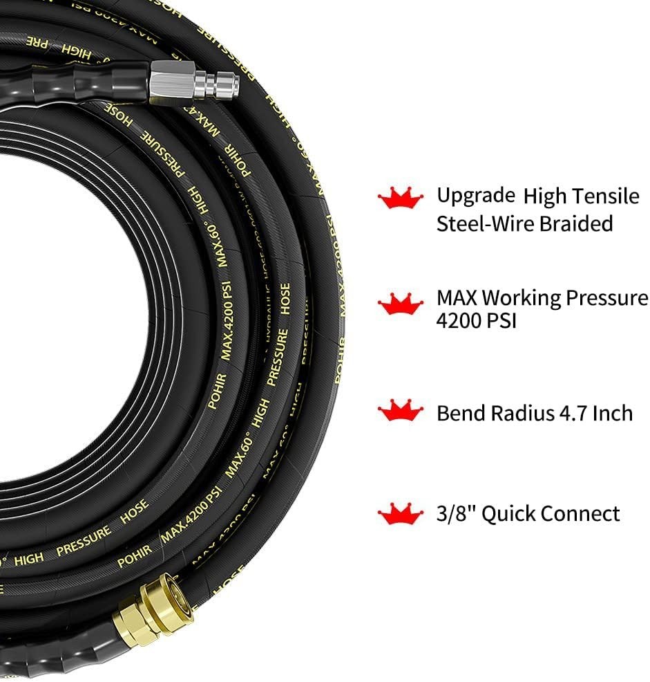High Pressure Washer Hose 25FT x 1/4 inch – 16000 PSI Burst with Quick Connect