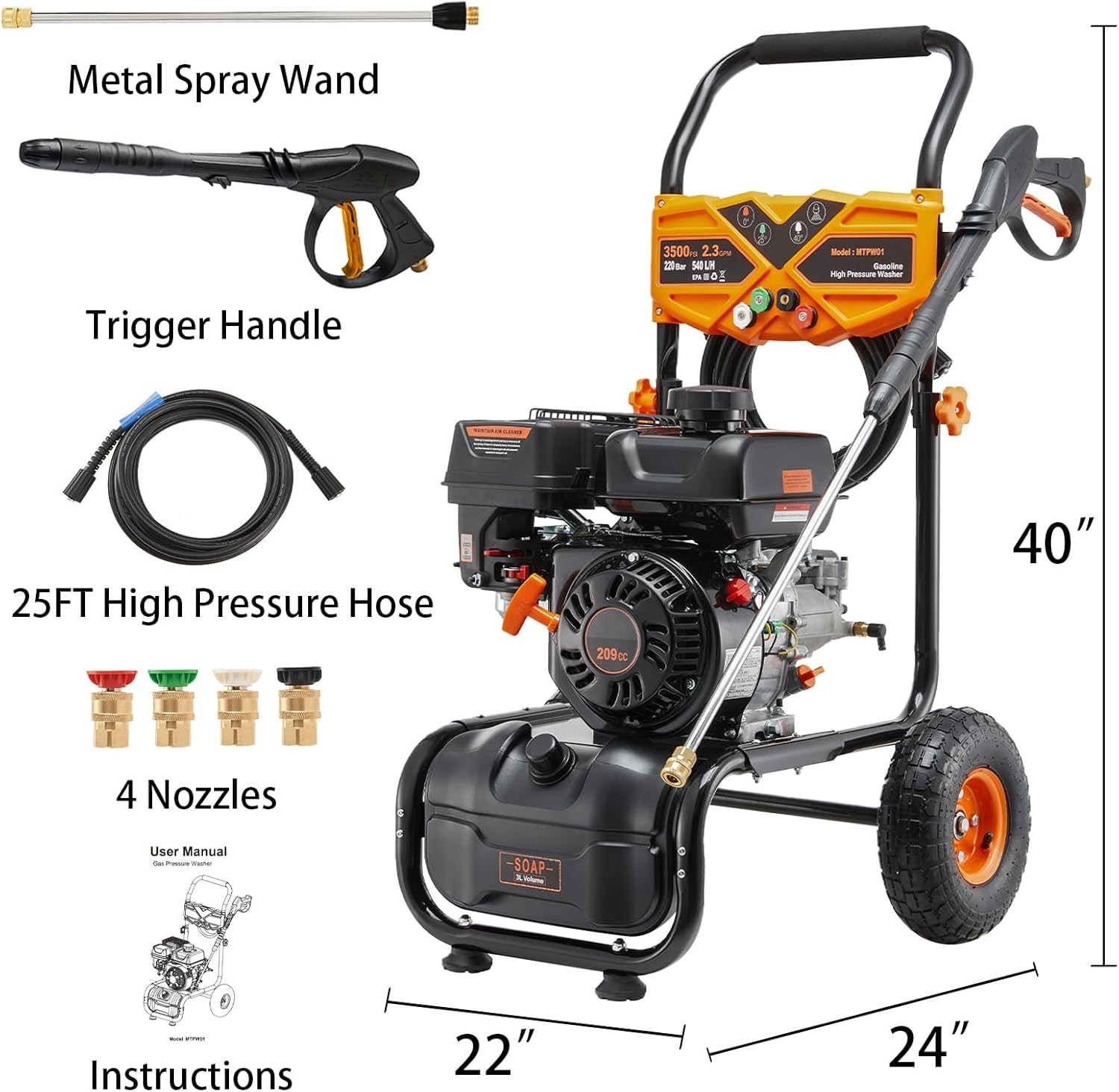 Gas Powered Washer 3500 PSI 2.3 GPM Cold Water Gas Pressure Washer 25ft Hose