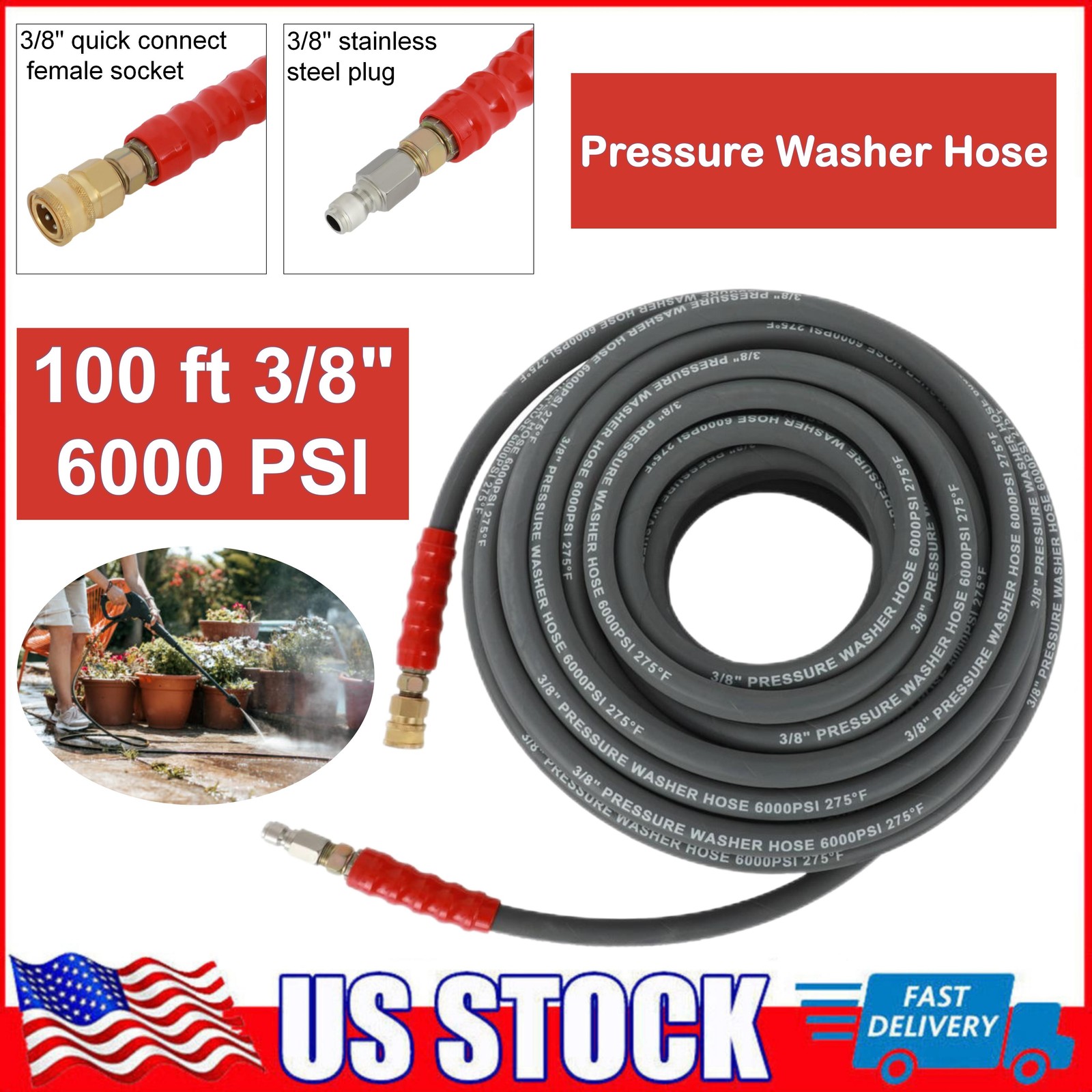 3/8″ x 100ft 6000psi Hot Water Pressure Washer Hose 2-Braid R2 Gray