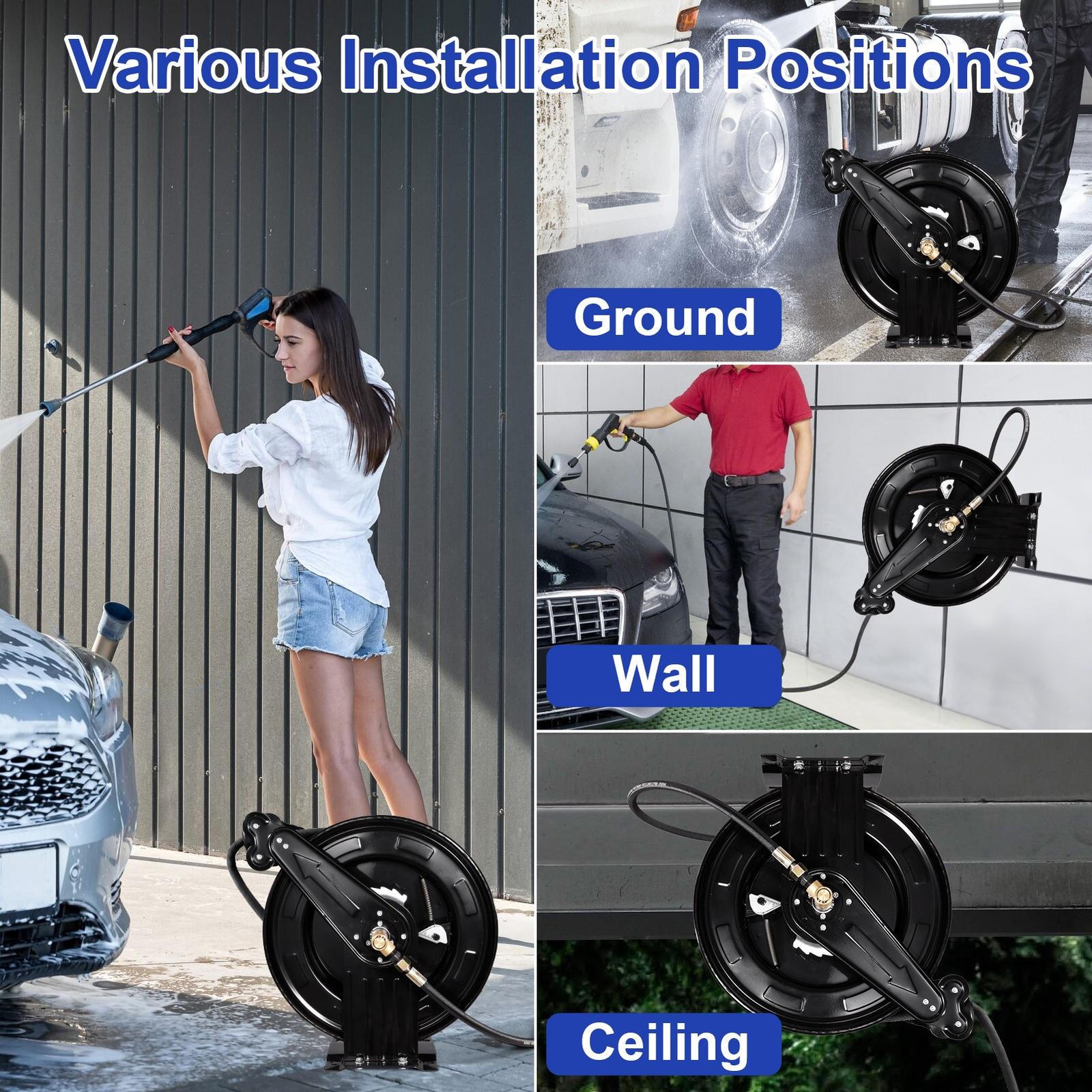 Retractable Power Pressure Washer Hose Reel 3/8″ x 50 ft, 4000PSI Hot&Cold Water