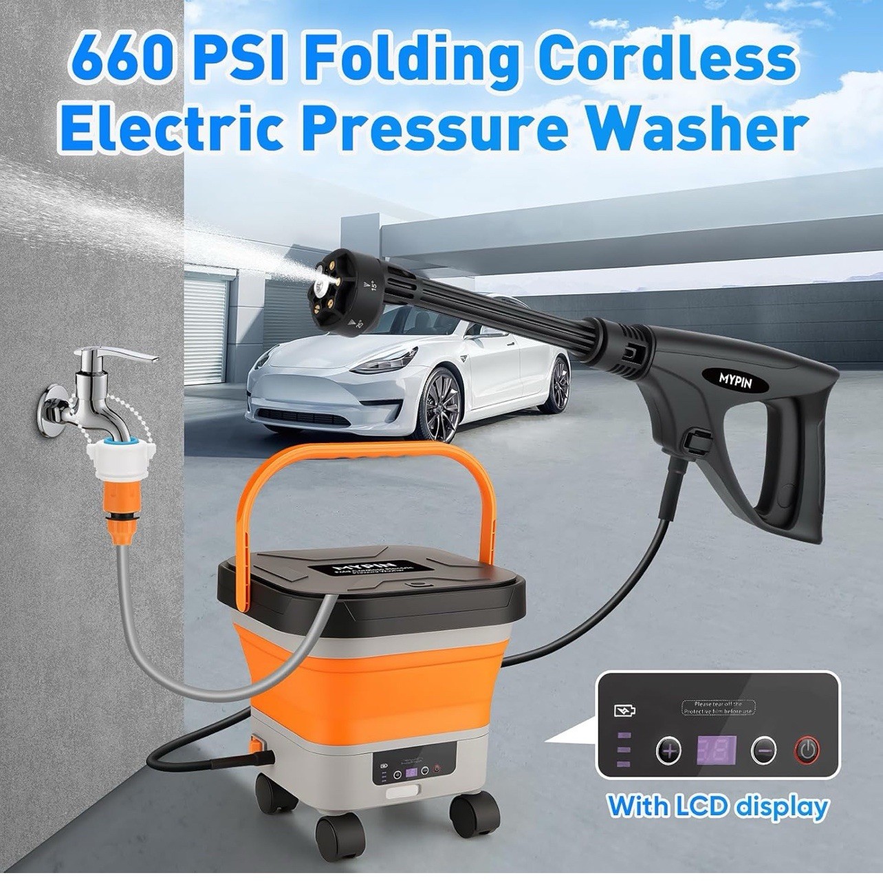 660PSI Portable Cordless Pressure Washer with Folding 3.4Gal Tank, 6-in-1 Noz…
