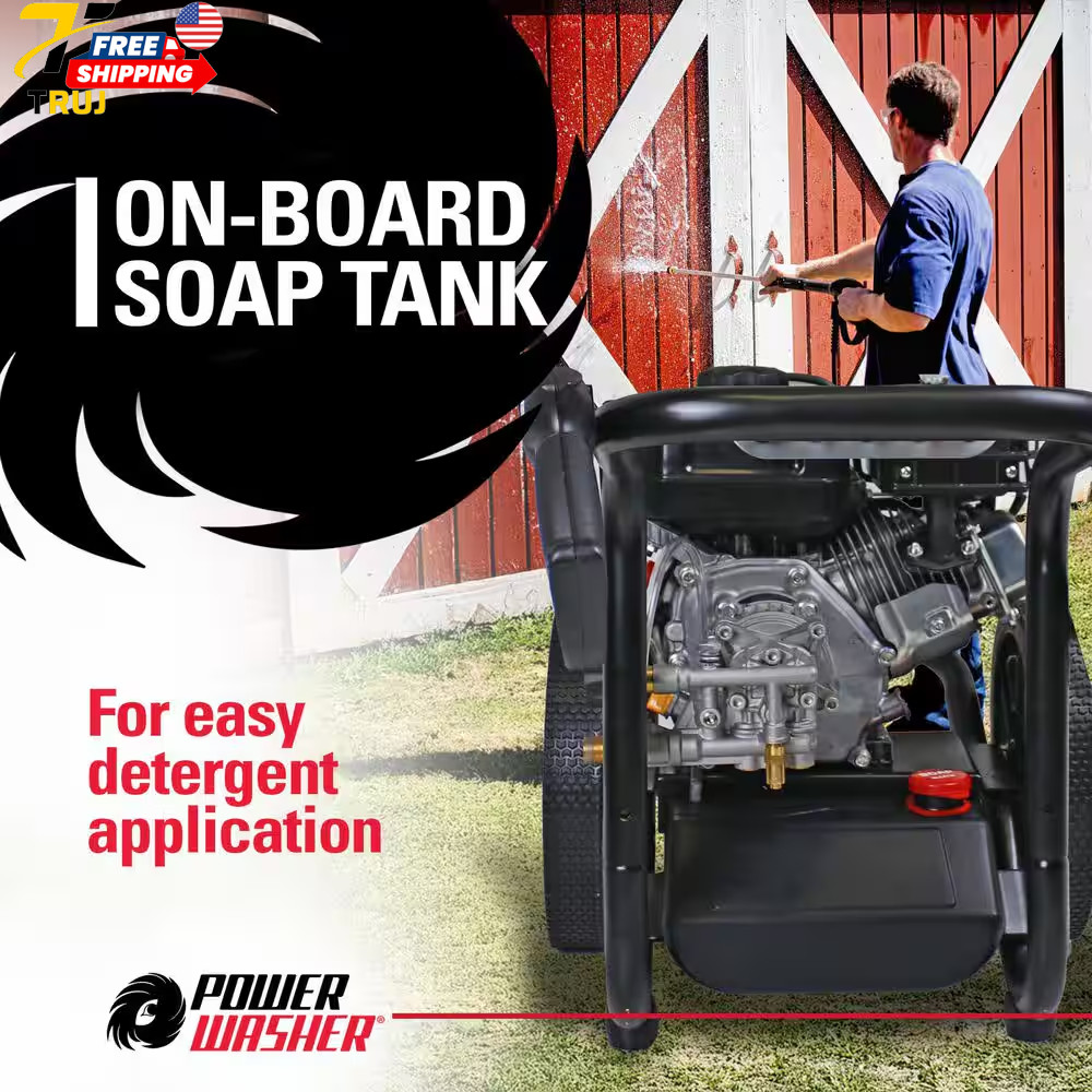 3400 PSI 2.5 GPM Cold Water Gas Pressure Washer with 195Cc Engine and Soap Tank