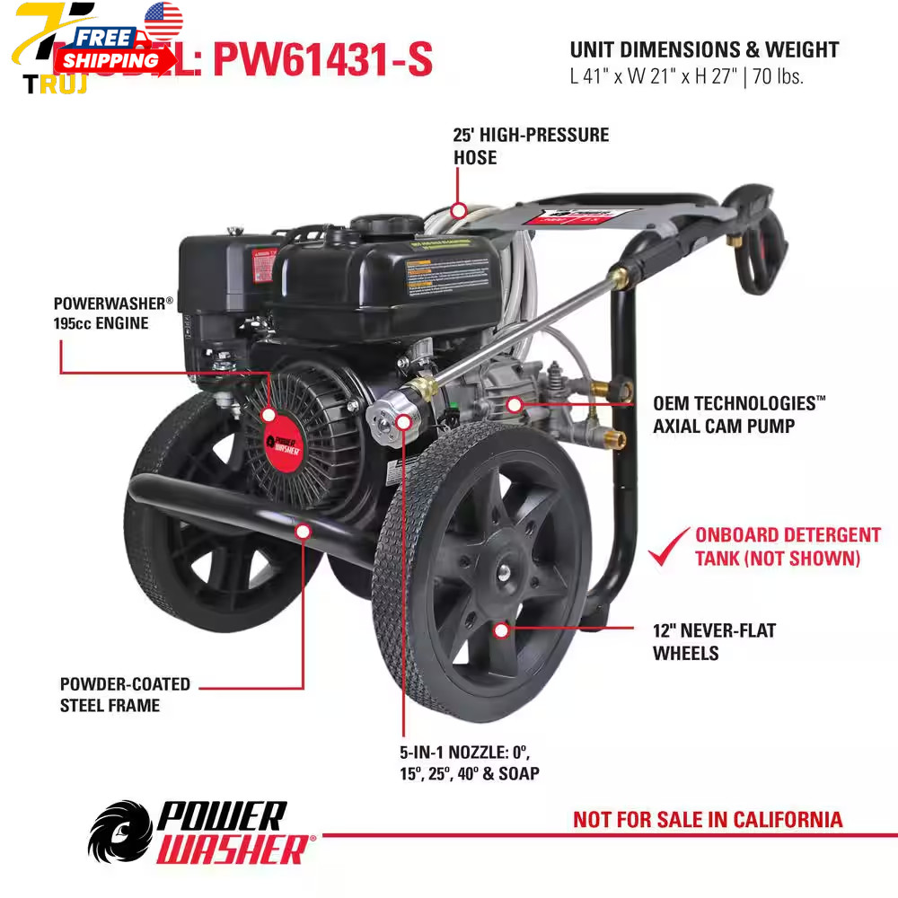 3400 PSI 2.5 GPM Cold Water Gas Pressure Washer with 195Cc Engine and Soap Tank