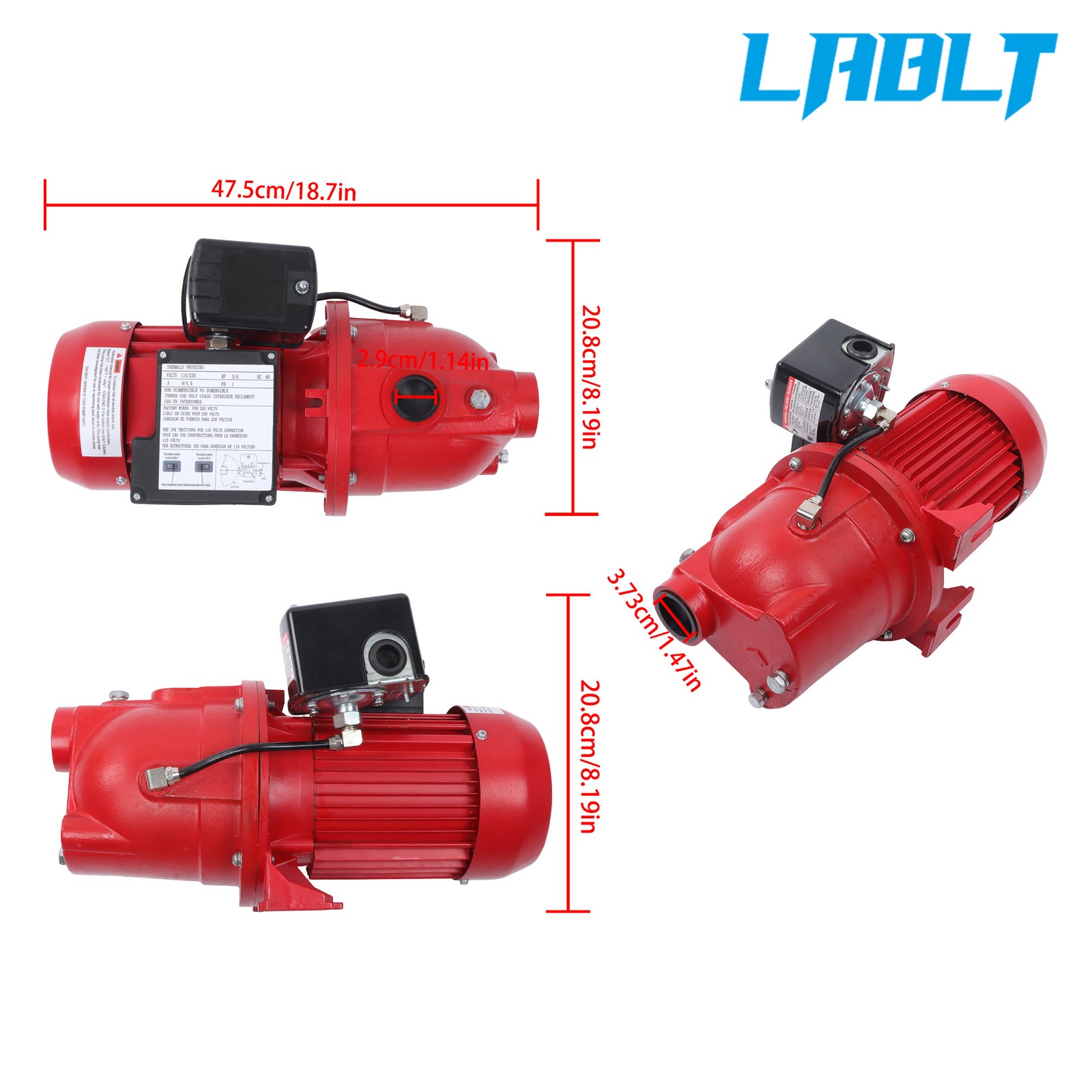 LABLT Red Shallow Well Jet Pump 3/4 HP 13 GPM Cast Iron, 115/230V Dual Voltage
