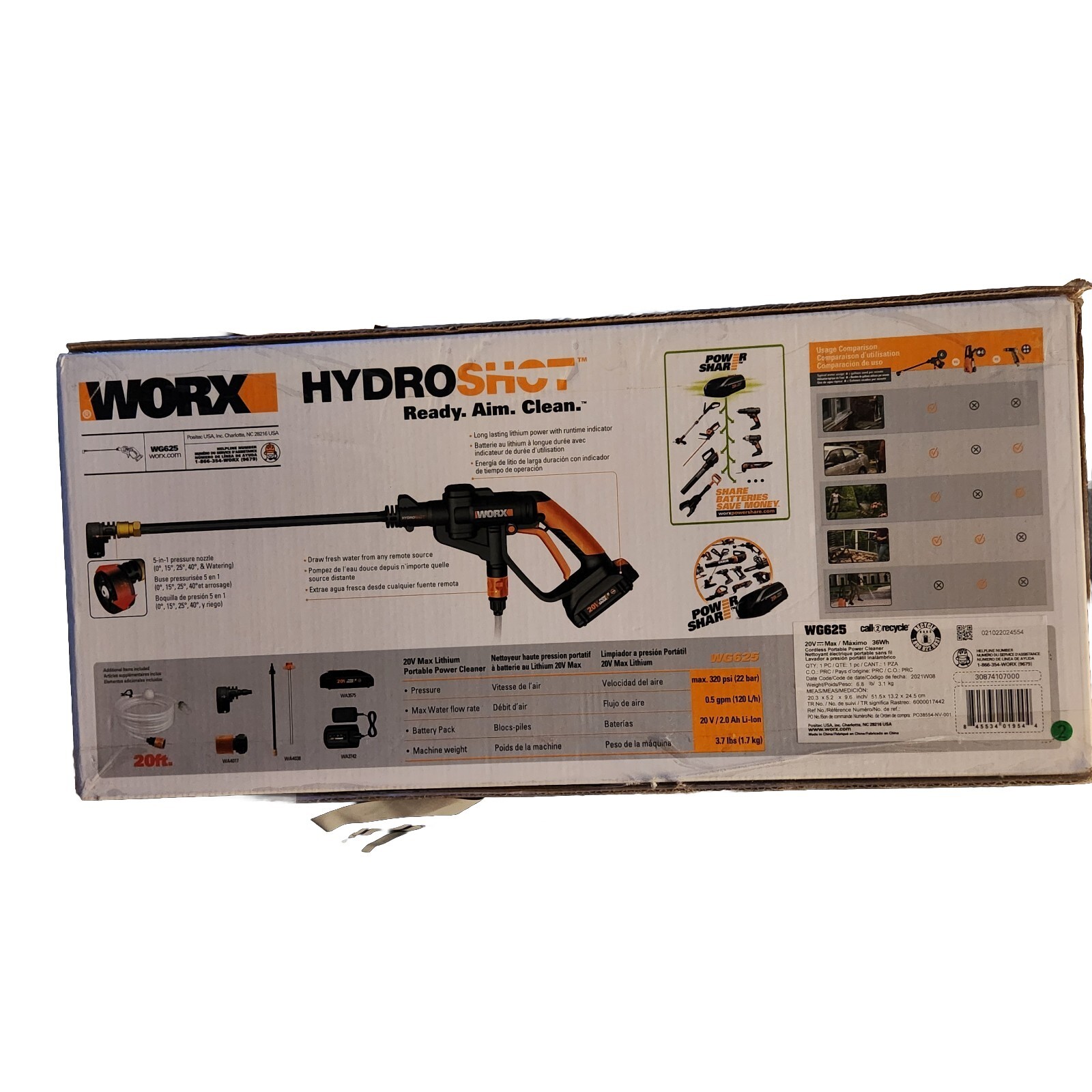 WORX WG625 20V Power Share Hydroshot Portable Power Cleaner – Black/Orange