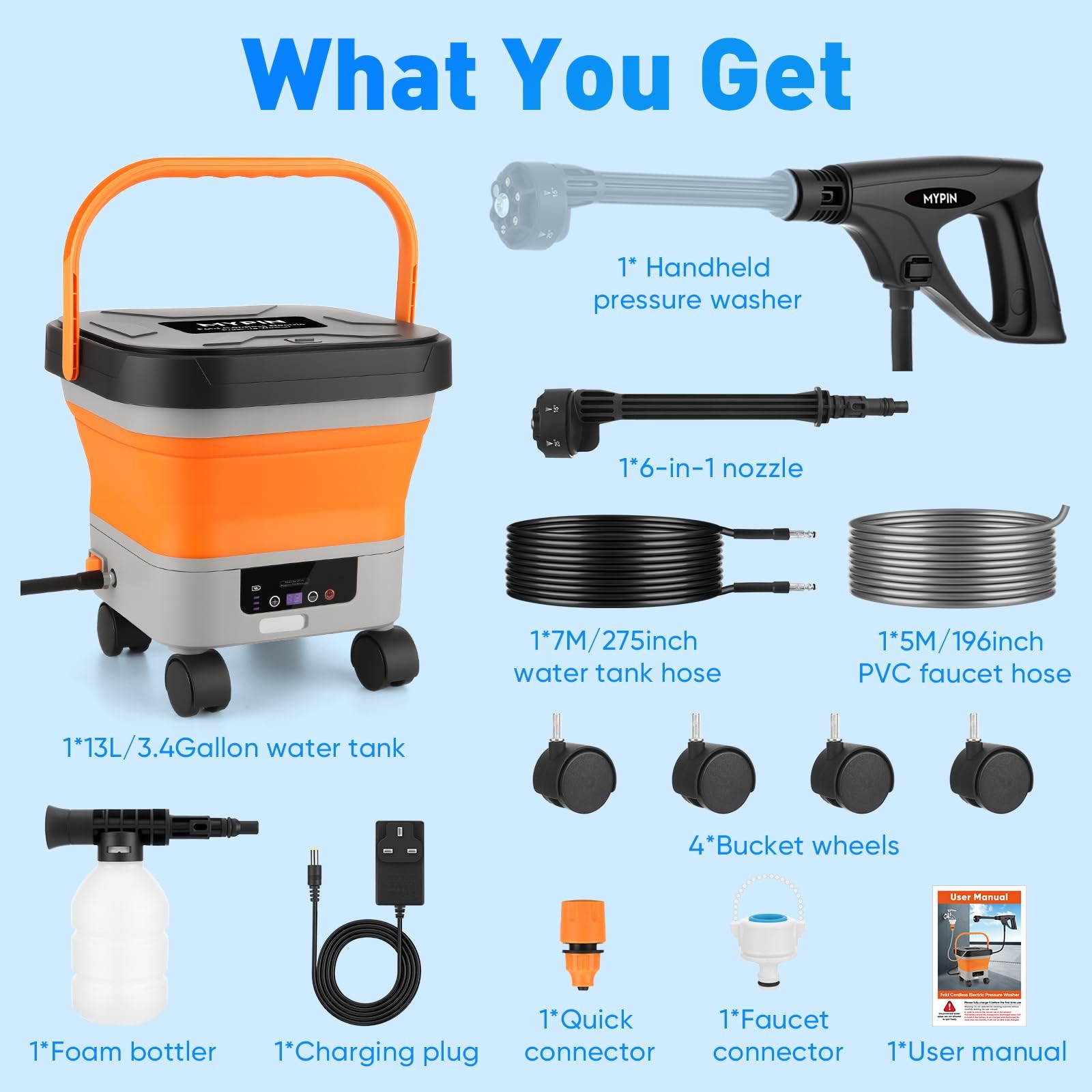 660PSI Portable Cordless Pressure Washer with Folding 3.4Gal Tank, 7M Hose