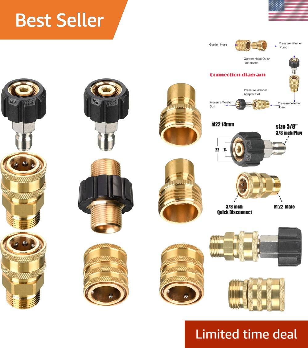 Durable 9-Pack Pressure Washer Fittings – M22 Brass Connectors for 5000 PSI