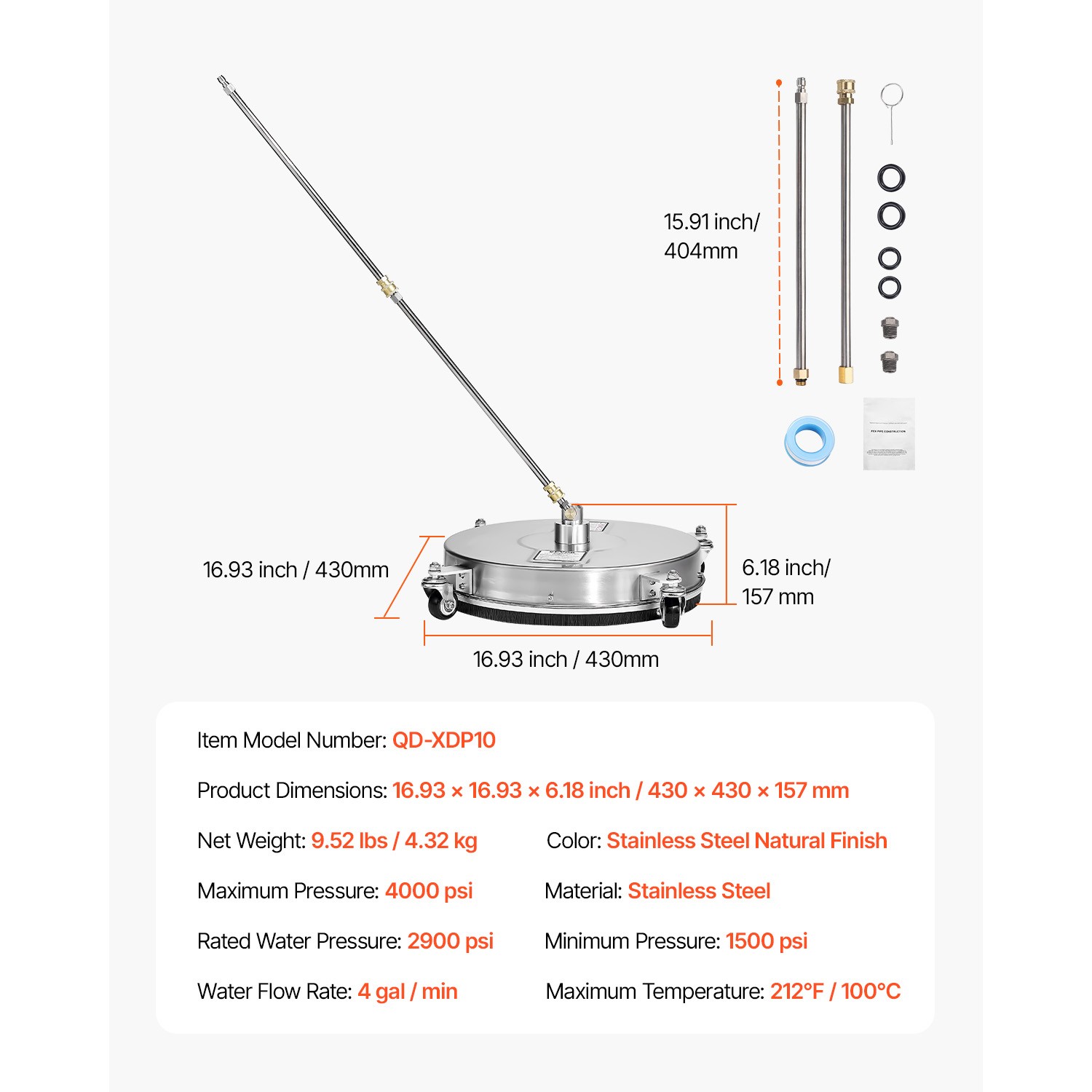Uimoso 16.5″Pressure Washer Surface Cleaner 4Wheels Stainless Steel 4000 Max PSI
