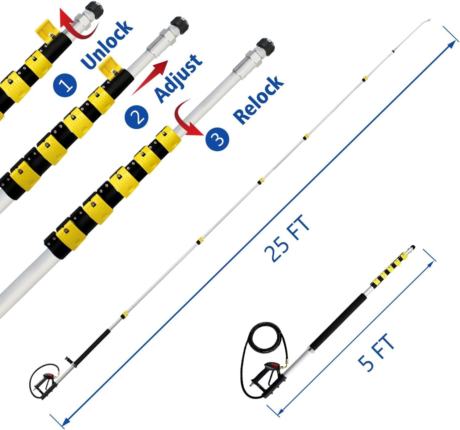RAYNEL 25FT Telescoping Pressure Washer Extension Wand with Brush Head#2508L T4